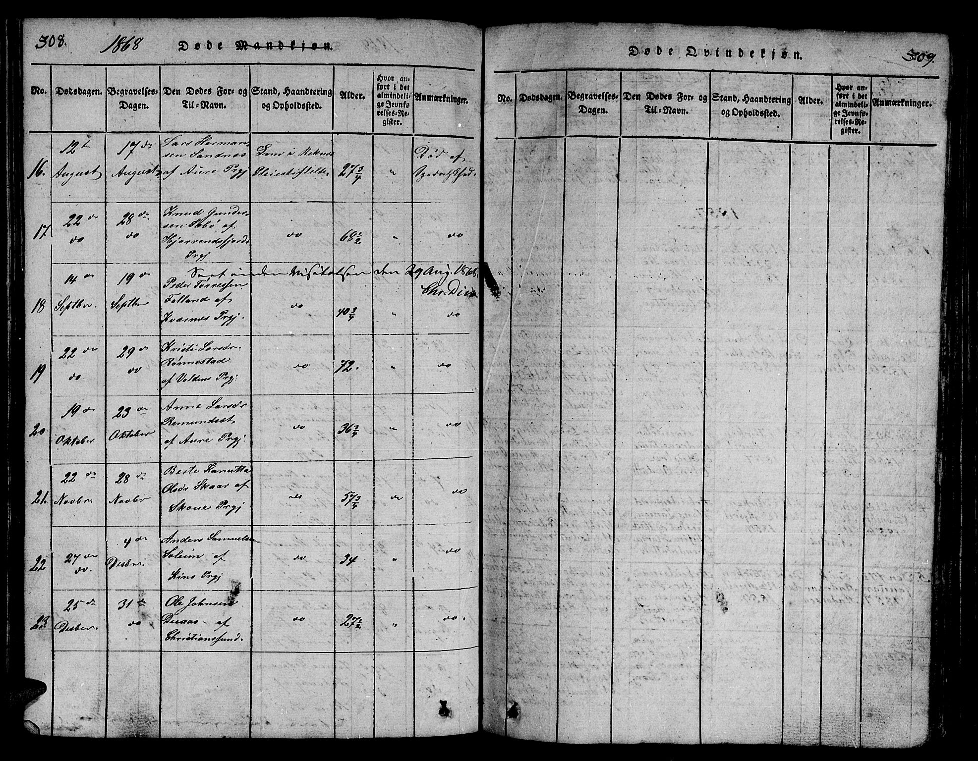 Ministerialprotokoller, klokkerbøker og fødselsregistre - Møre og Romsdal, AV/SAT-A-1454/558/L0700: Parish register (copy) no. 558C01, 1818-1868, p. 308-309