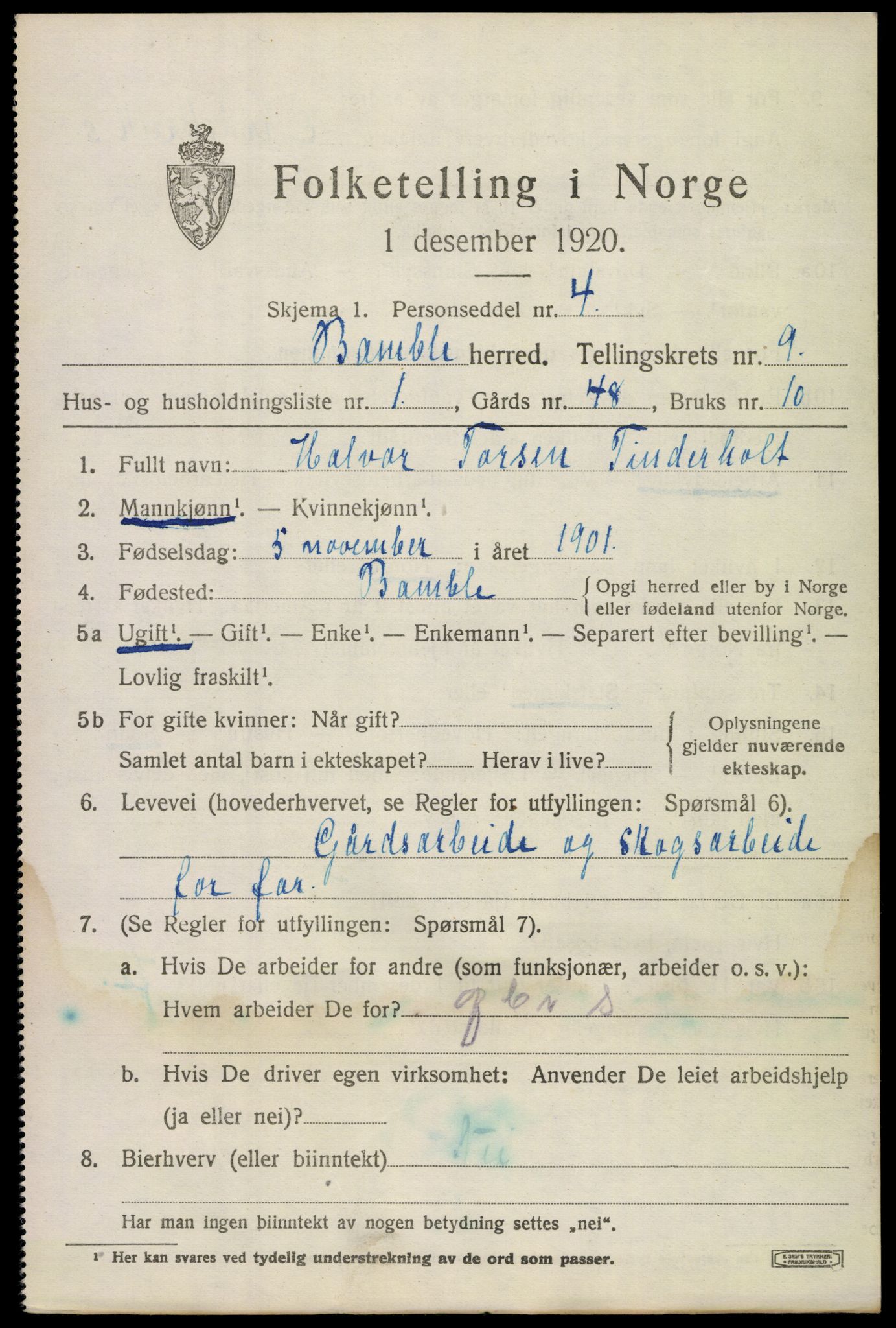 SAKO, 1920 census for Bamble, 1920, p. 7803