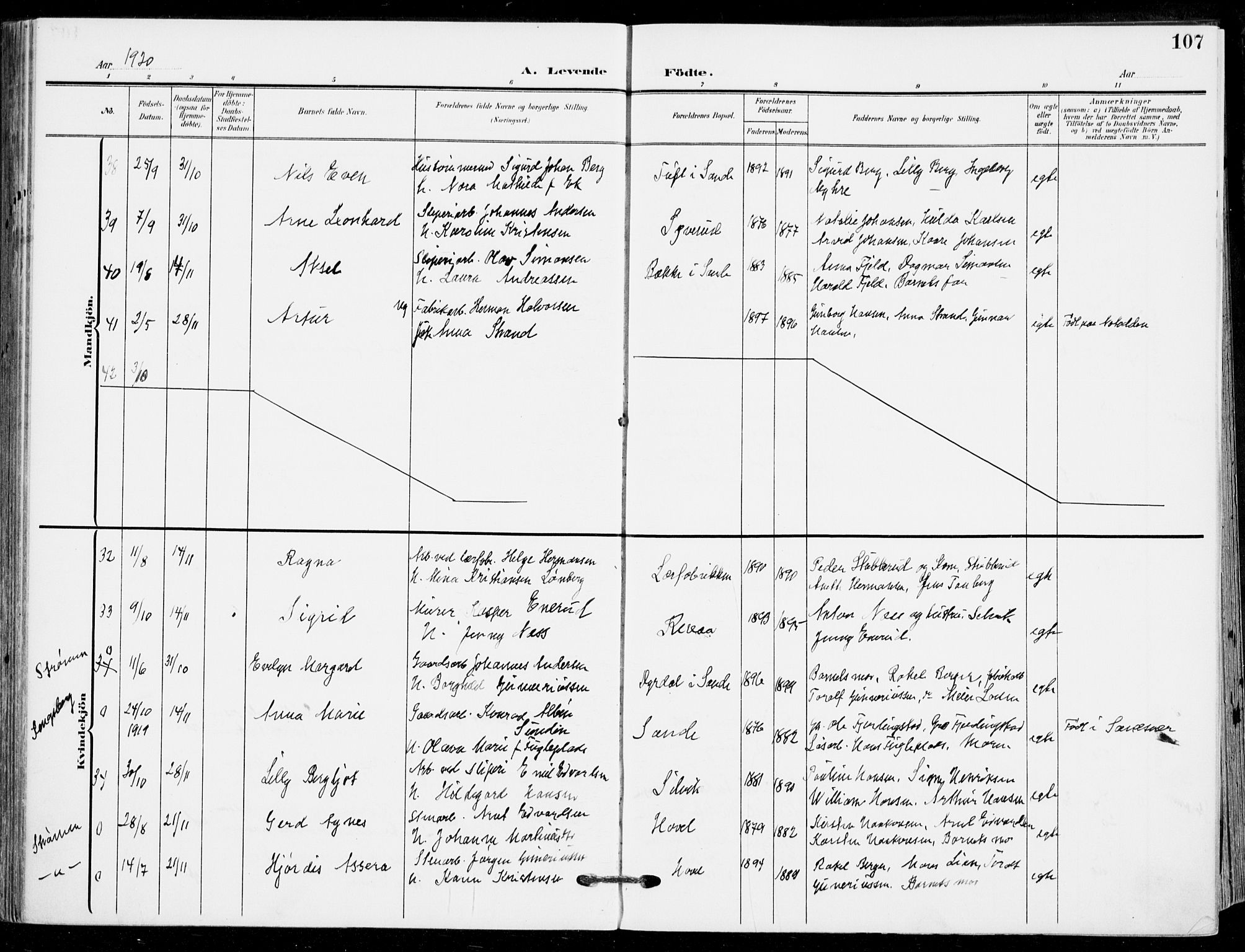 Sande Kirkebøker, AV/SAKO-A-53/F/Fa/L0008: Parish register (official) no. 8, 1904-1921, p. 107