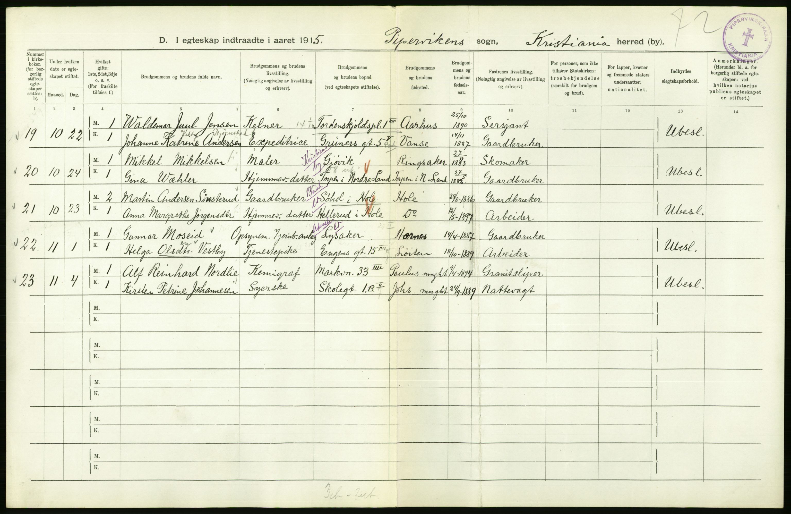 Statistisk sentralbyrå, Sosiodemografiske emner, Befolkning, AV/RA-S-2228/D/Df/Dfb/Dfbe/L0008: Kristiania: Gifte., 1915, p. 656