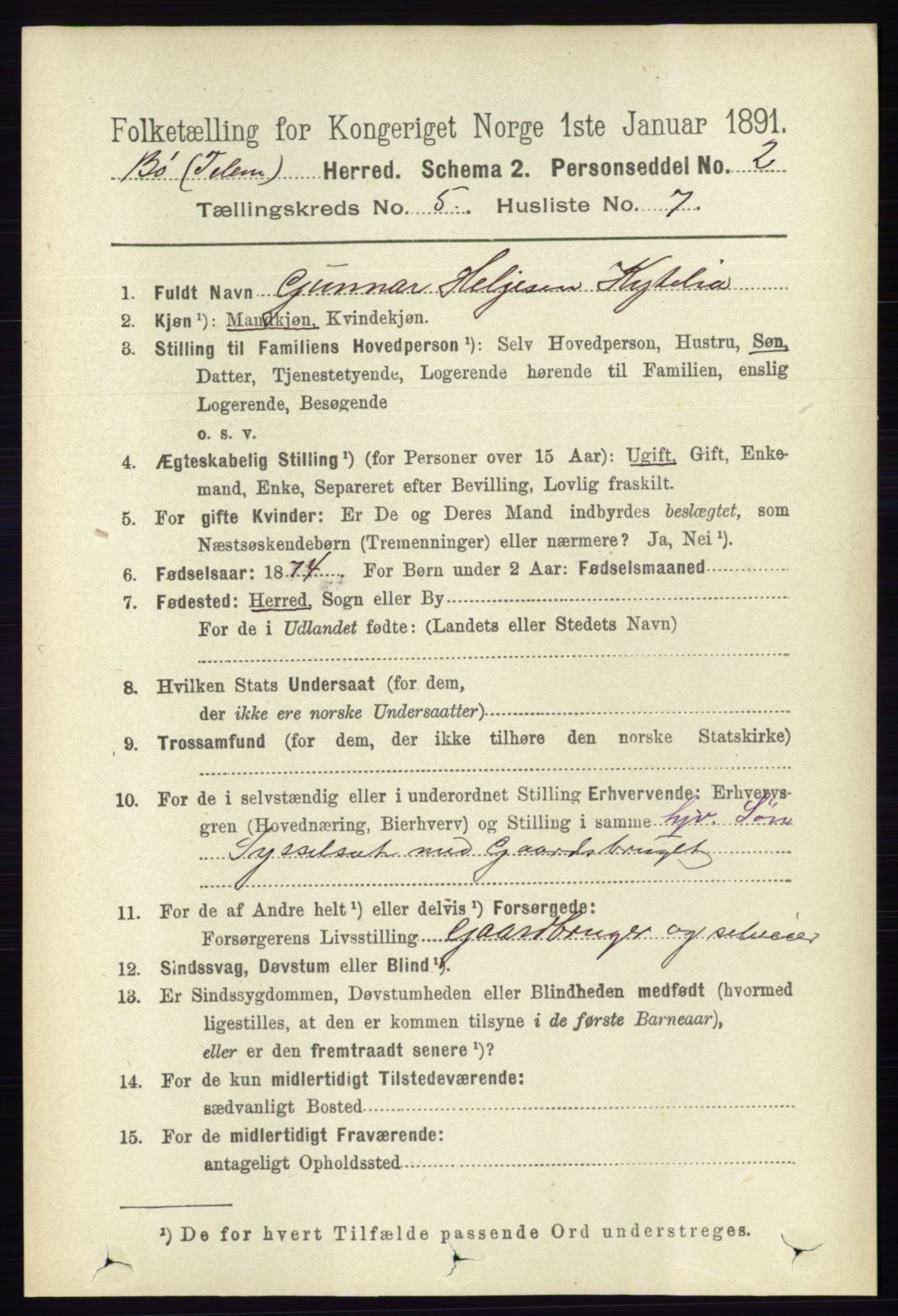 RA, 1891 census for 0821 Bø, 1891, p. 1454