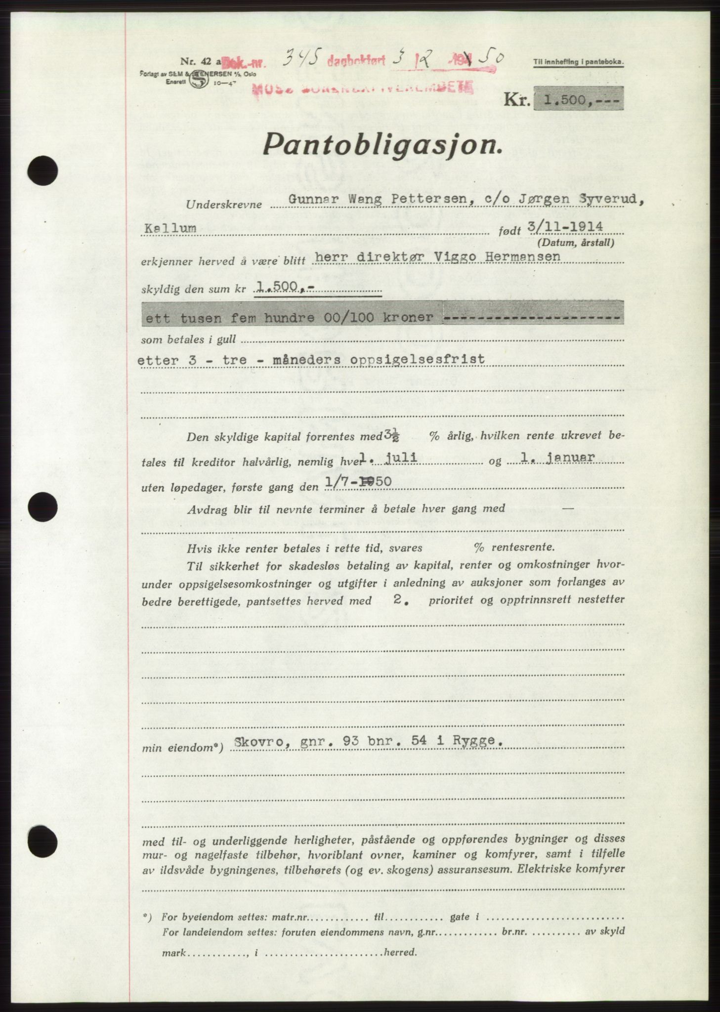 Moss sorenskriveri, SAO/A-10168: Mortgage book no. B23, 1949-1950, Diary no: : 345/1950