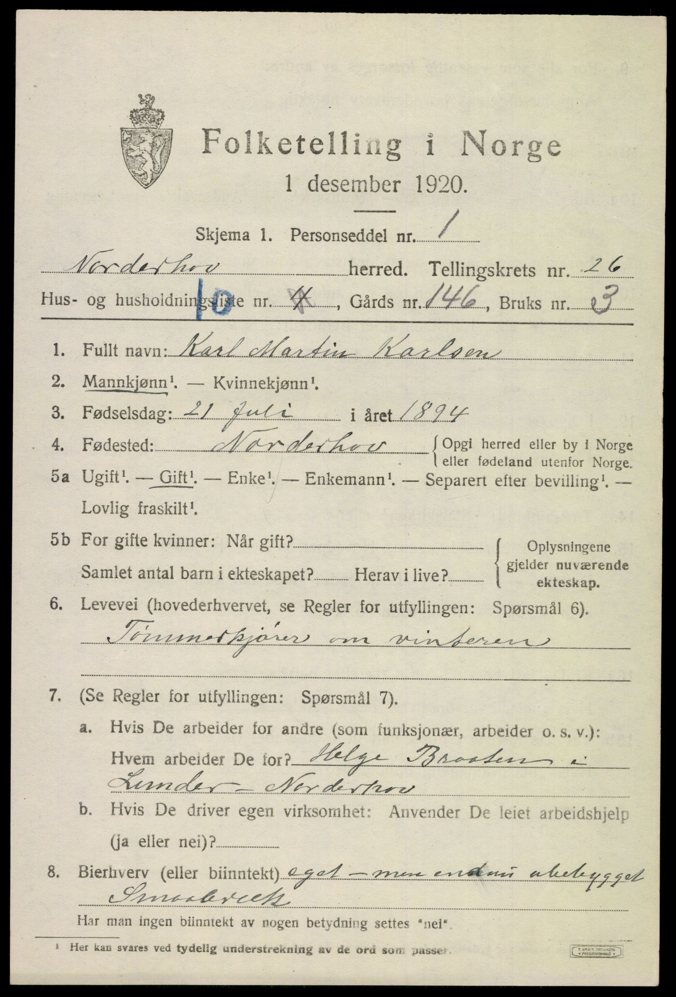 SAKO, 1920 census for Norderhov, 1920, p. 24213