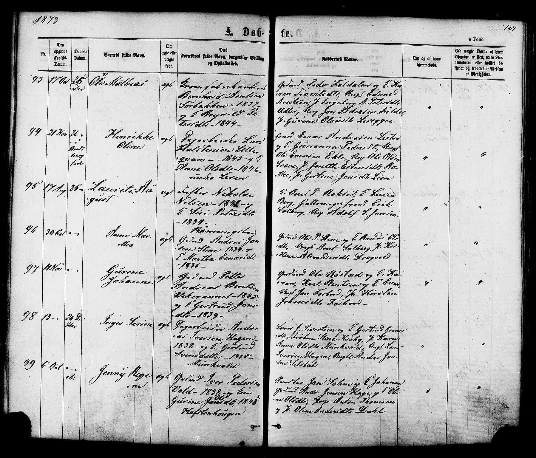 Ministerialprotokoller, klokkerbøker og fødselsregistre - Sør-Trøndelag, SAT/A-1456/606/L0293: Parish register (official) no. 606A08, 1866-1877, p. 124