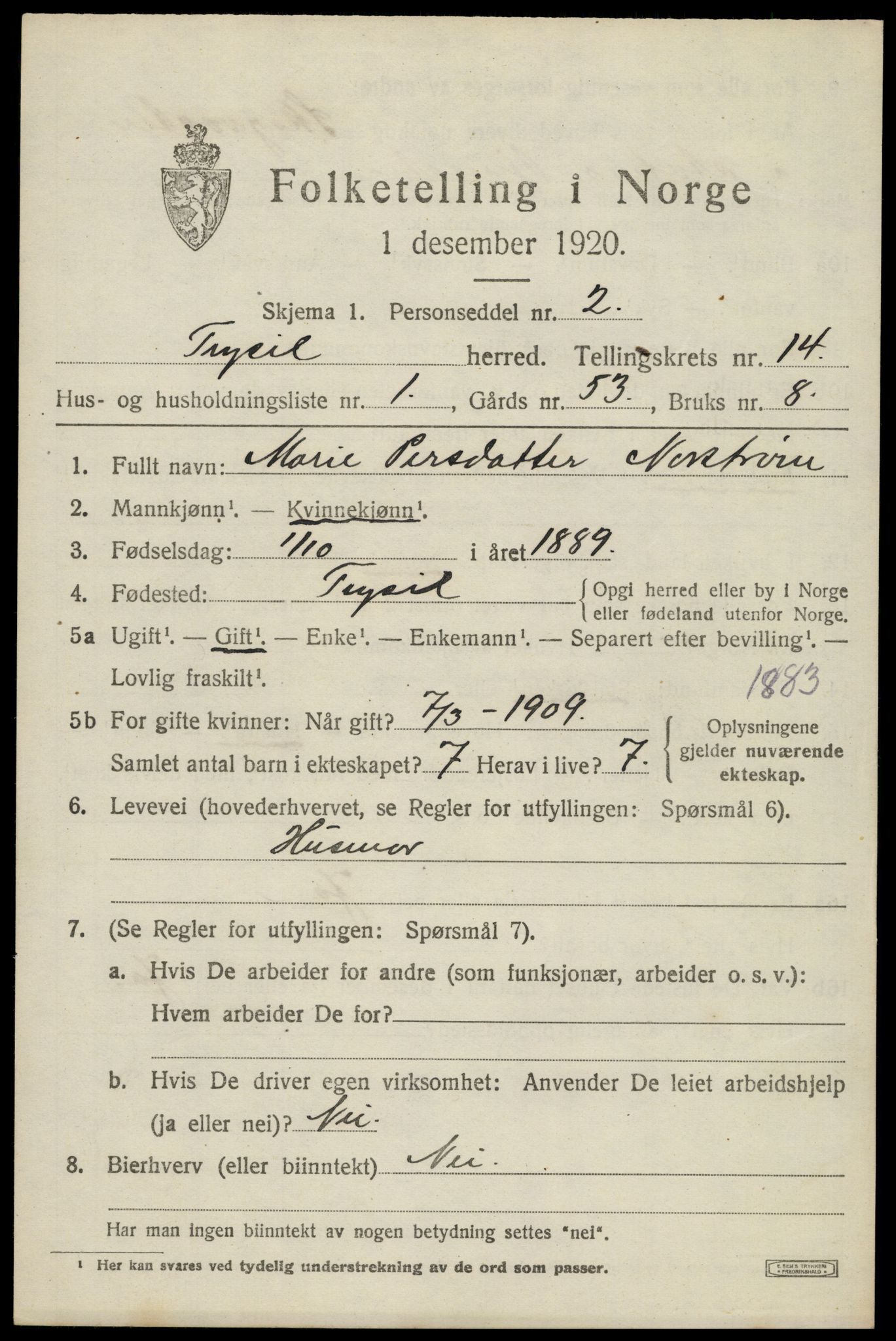 SAH, 1920 census for Trysil, 1920, p. 7867