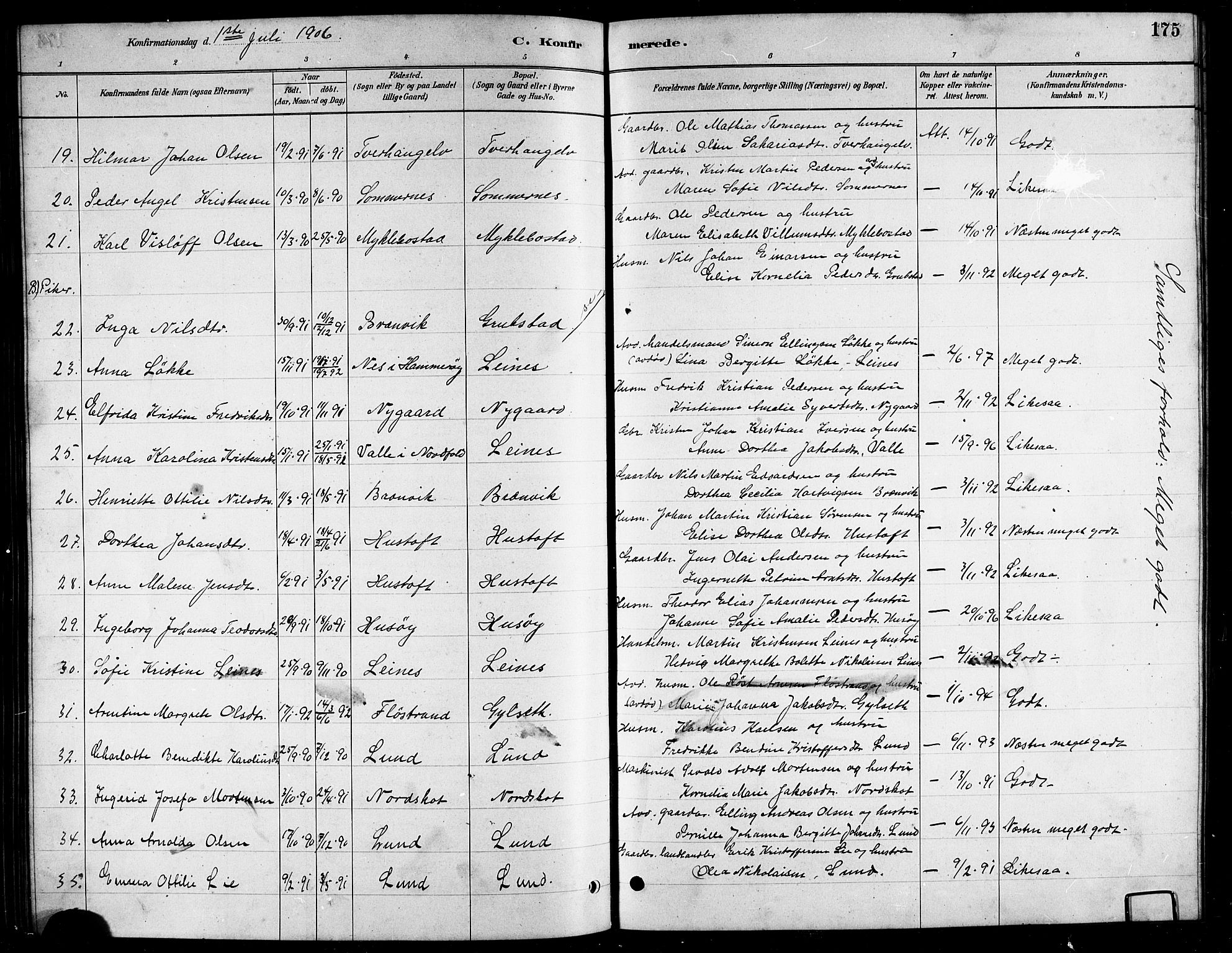 Ministerialprotokoller, klokkerbøker og fødselsregistre - Nordland, AV/SAT-A-1459/857/L0828: Parish register (copy) no. 857C03, 1879-1908, p. 175