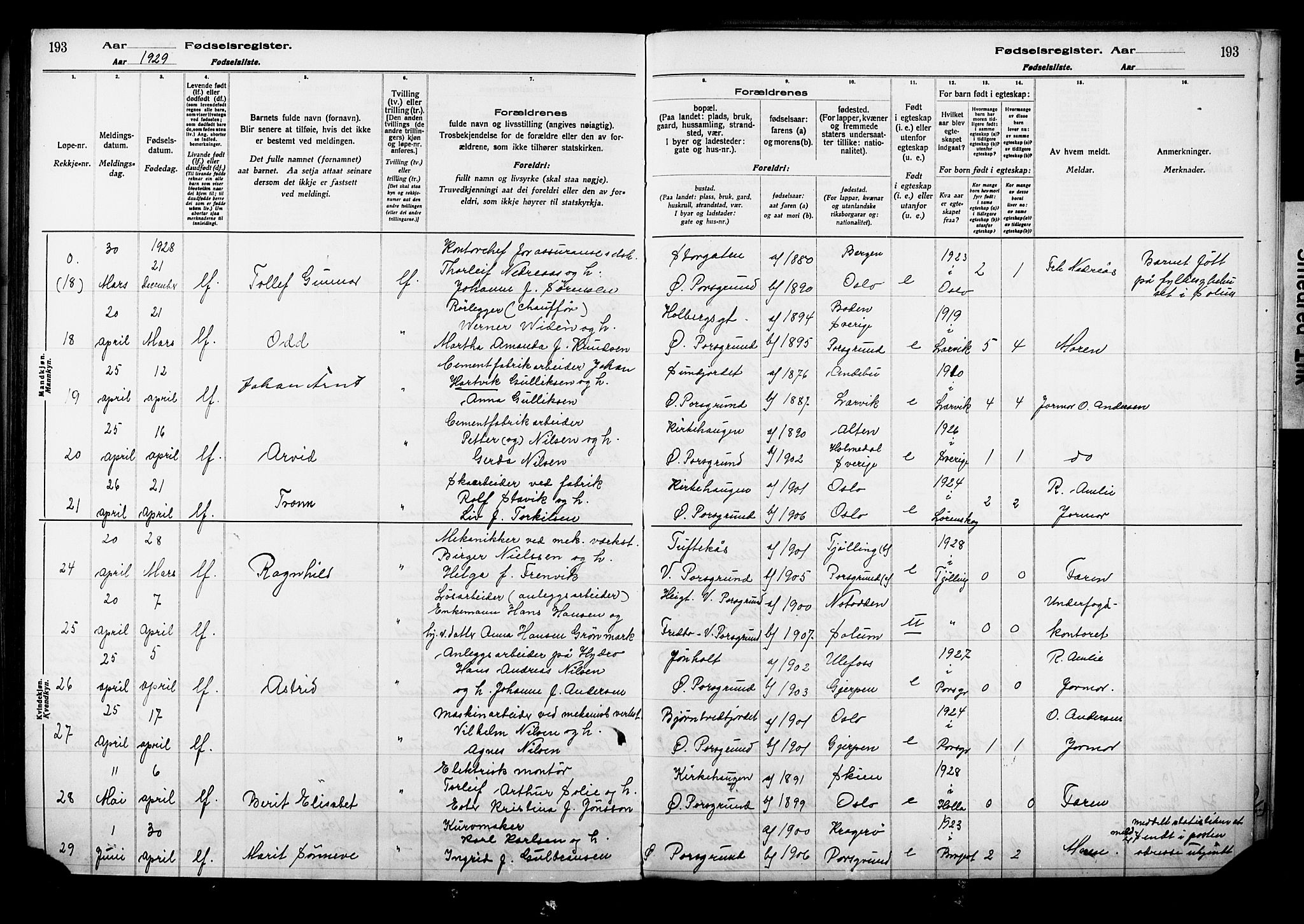 Porsgrunn kirkebøker , AV/SAKO-A-104/J/Ja/L0001: Birth register no. 1, 1916-1929, p. 193