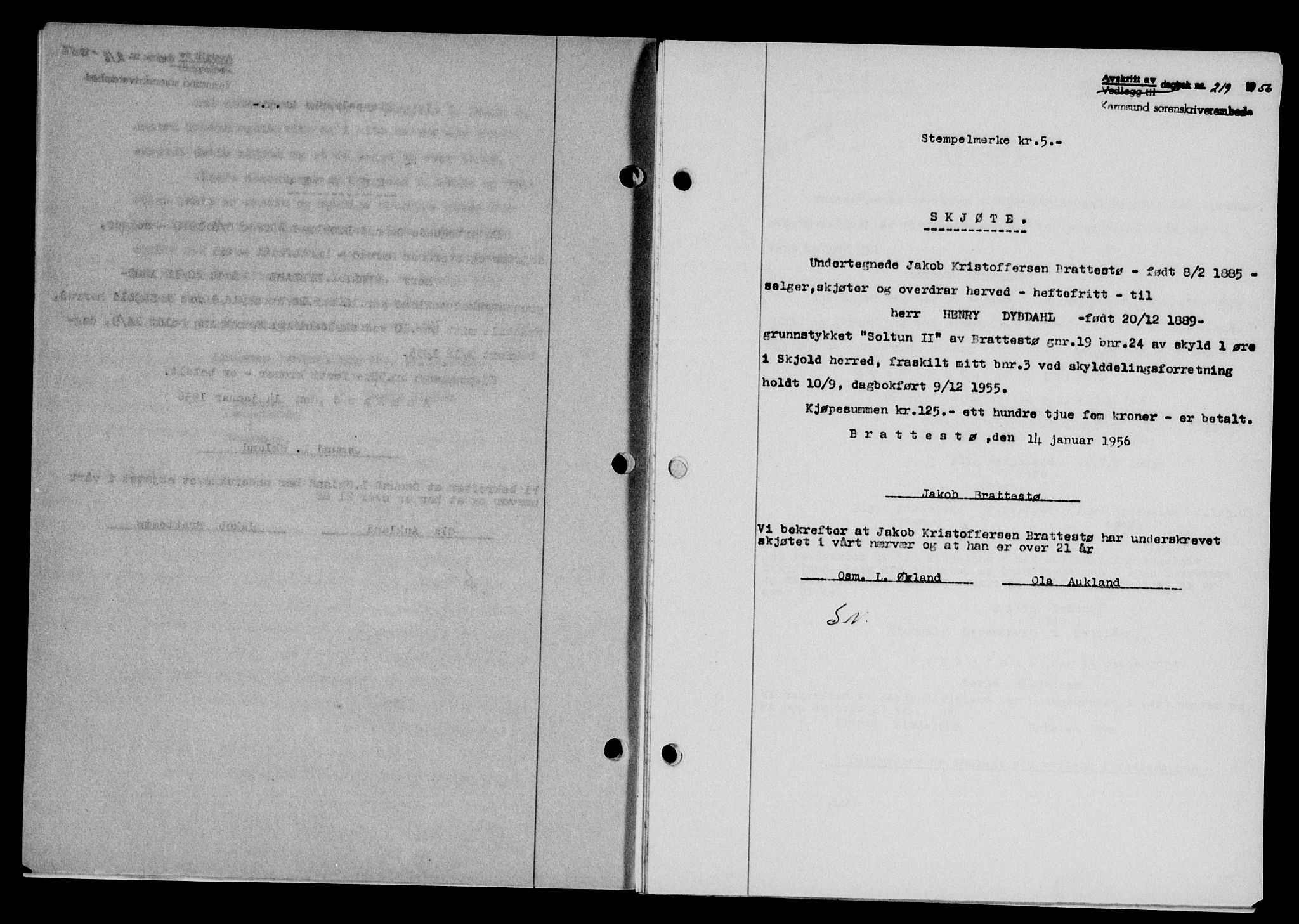 Karmsund sorenskriveri, SAST/A-100311/01/II/IIB/L0118: Mortgage book no. 98A, 1955-1956, Diary no: : 219/1956