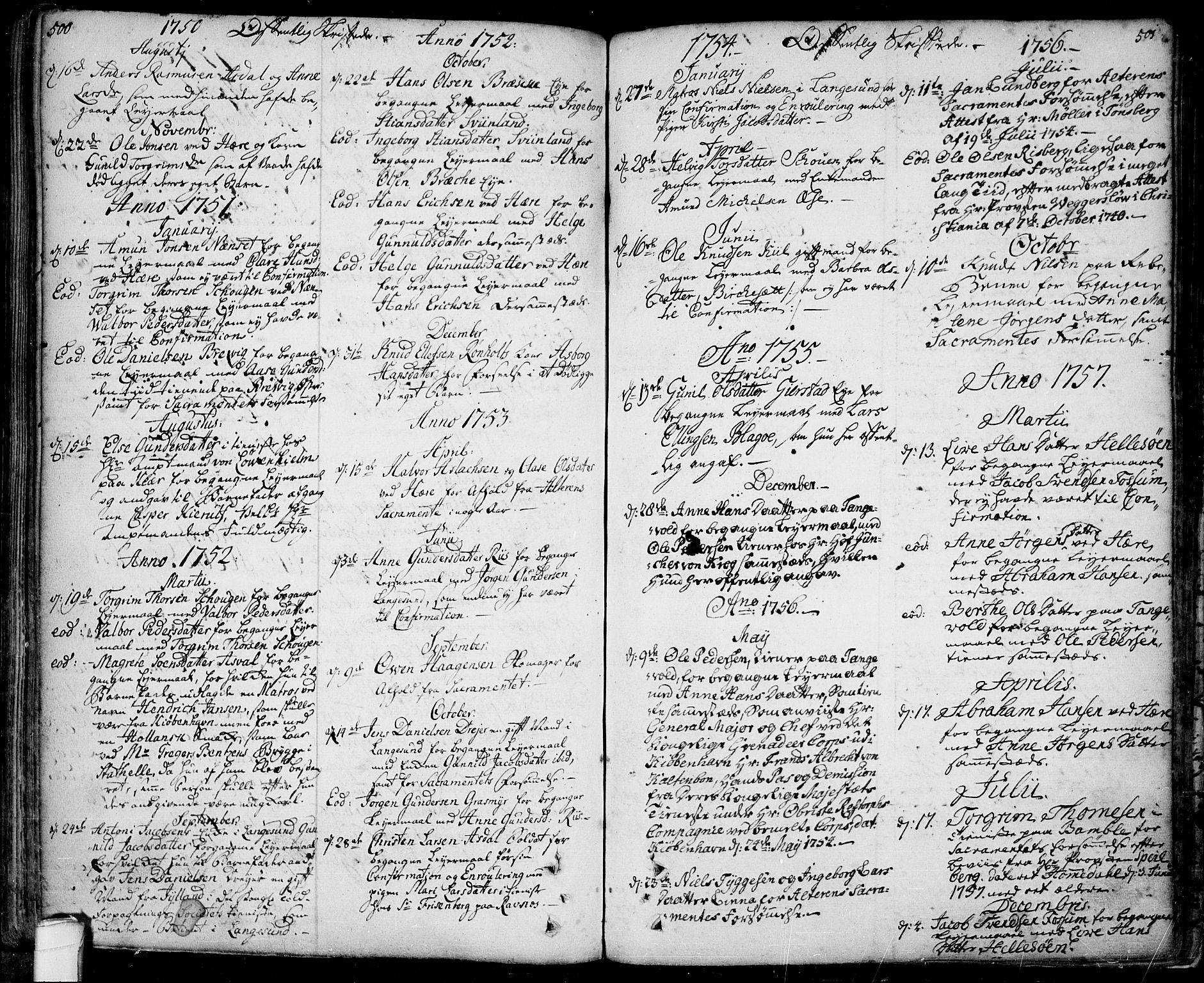 Bamble kirkebøker, SAKO/A-253/F/Fa/L0001: Parish register (official) no. I 1, 1702-1774, p. 500-501
