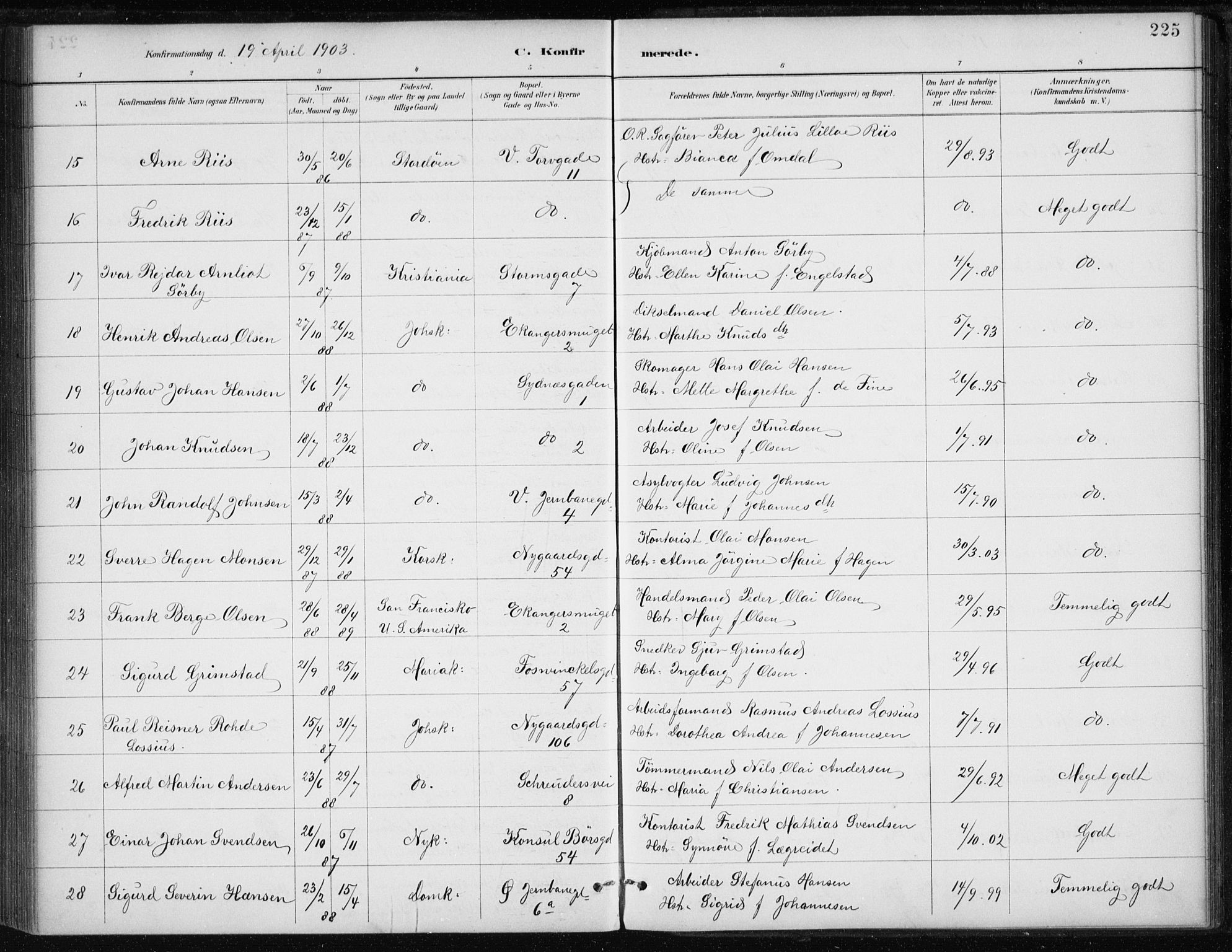 Johanneskirken sokneprestembete, AV/SAB-A-76001/H/Haa/L0008: Parish register (official) no. C 1, 1885-1907, p. 225