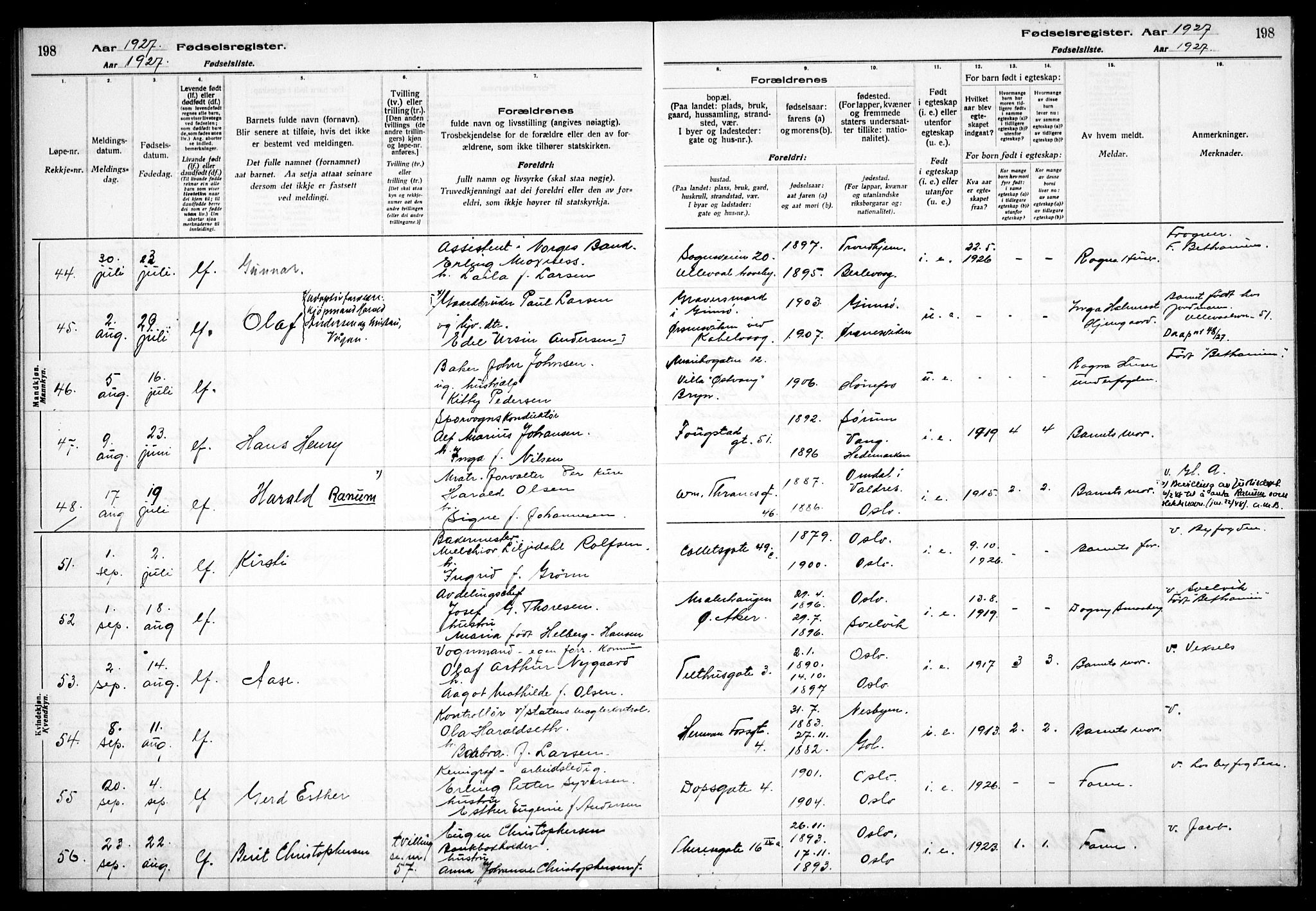 Gamle Aker prestekontor Kirkebøker, AV/SAO-A-10617a/J/L0001: Birth register no. 1, 1916-1927, p. 198