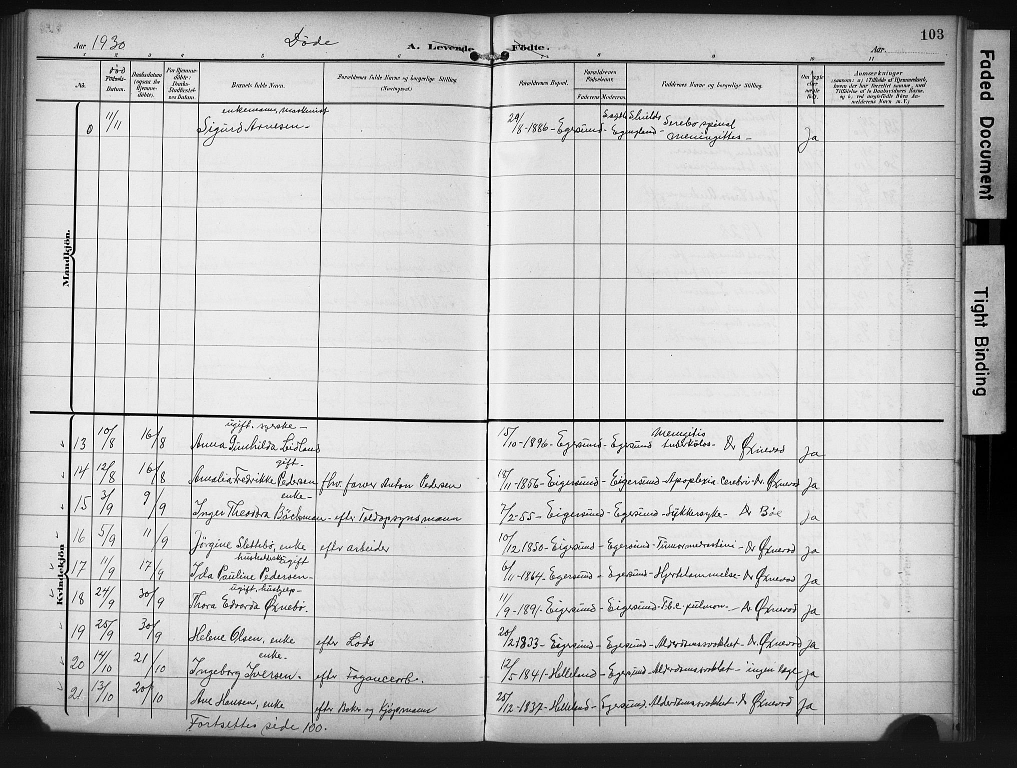 Eigersund sokneprestkontor, AV/SAST-A-101807/S09/L0012: Parish register (copy) no. B 12, 1908-1930, p. 103