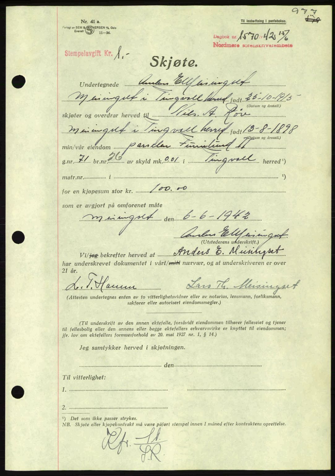 Nordmøre sorenskriveri, AV/SAT-A-4132/1/2/2Ca: Mortgage book no. A92, 1942-1942, Diary no: : 1570/1942