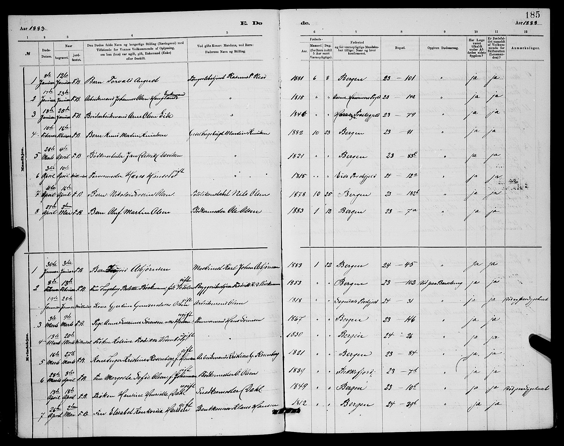 Mariakirken Sokneprestembete, SAB/A-76901/H/Hab/L0004: Parish register (copy) no. A 4, 1878-1892, p. 185