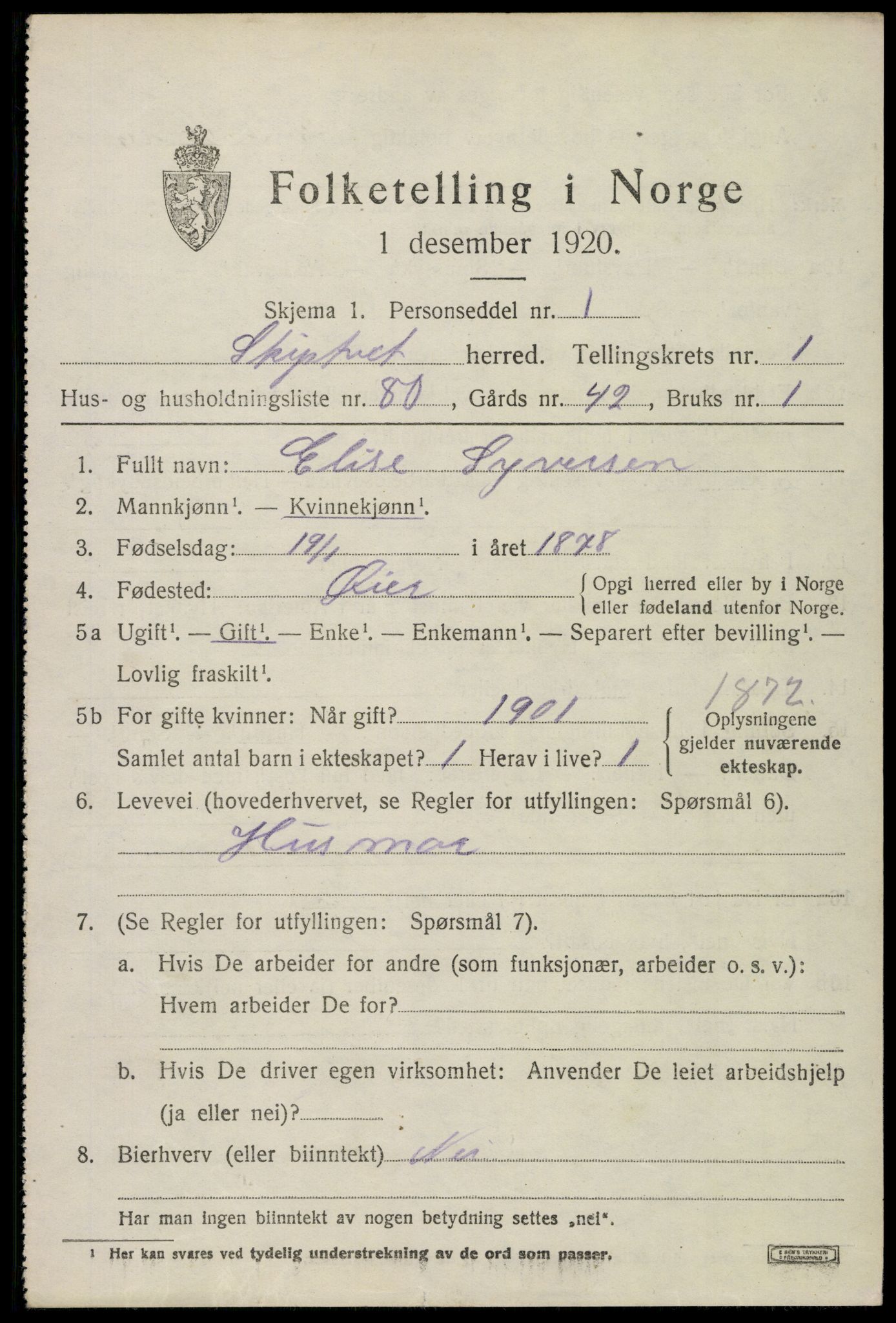 SAO, 1920 census for Skiptvet, 1920, p. 1845