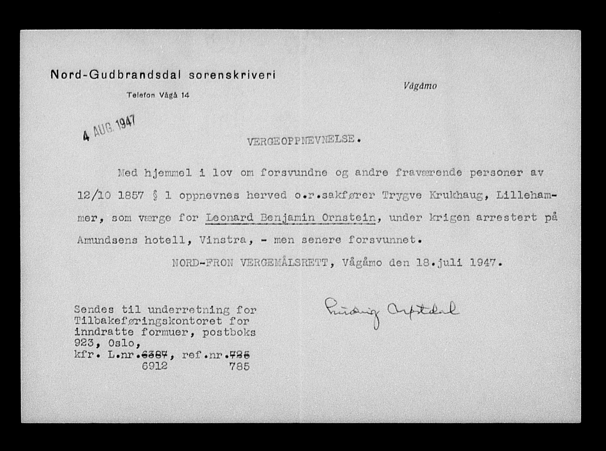 Justisdepartementet, Tilbakeføringskontoret for inndratte formuer, RA/S-1564/H/Hc/Hcd/L1003: --, 1945-1947, p. 301