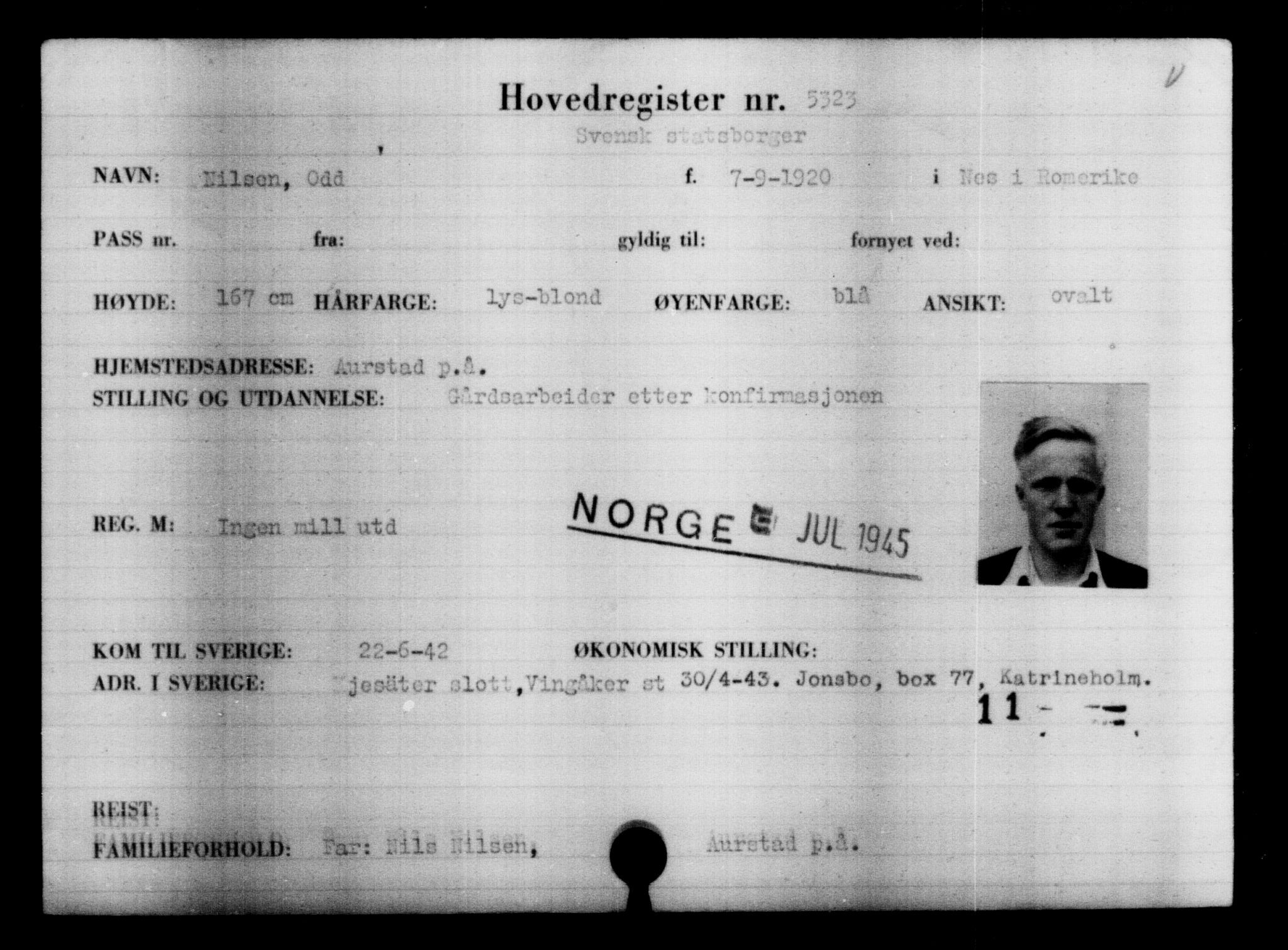 Utenriksstasjonene, Legasjonen i Stockholm, Flyktningkontoret, AV/RA-S-6753/V/Va/L0004: Kjesäterkartoteket, flyktninger med registreringsnr. 3496-6610, 1940-1945, p. 2107
