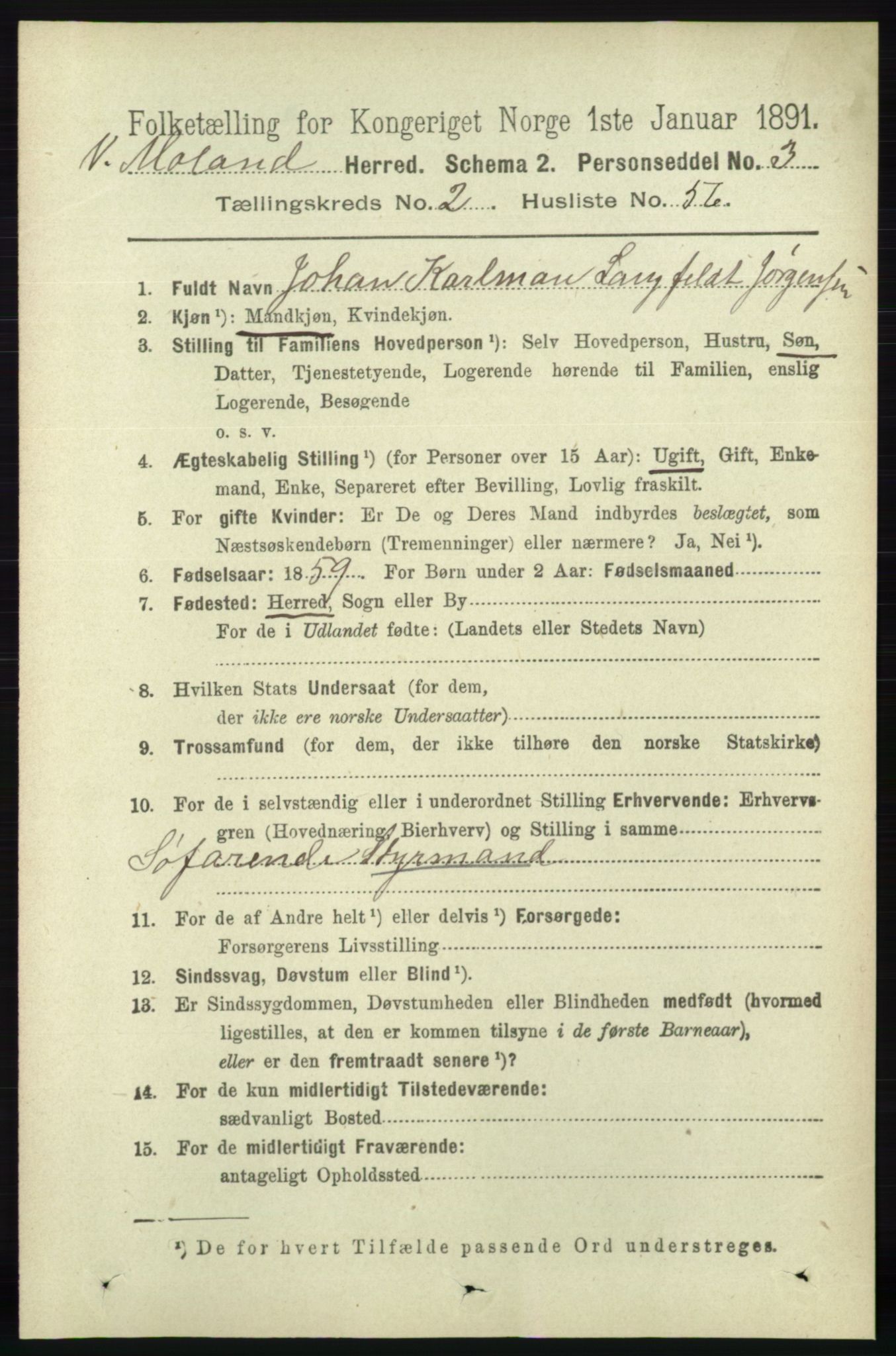 RA, 1891 census for 0926 Vestre Moland, 1891, p. 914