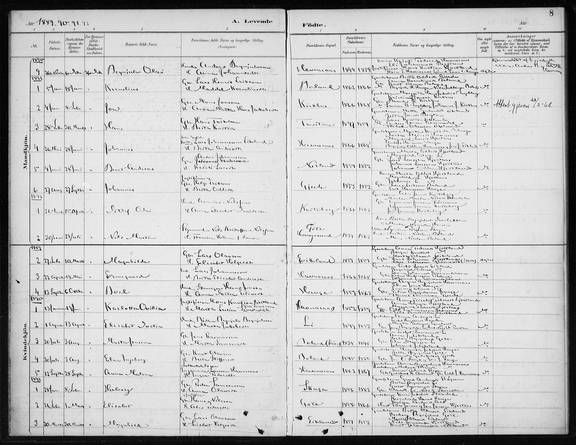 Kvinnherad sokneprestembete, AV/SAB-A-76401/H/Haa: Parish register (official) no. C 1, 1885-1912, p. 8