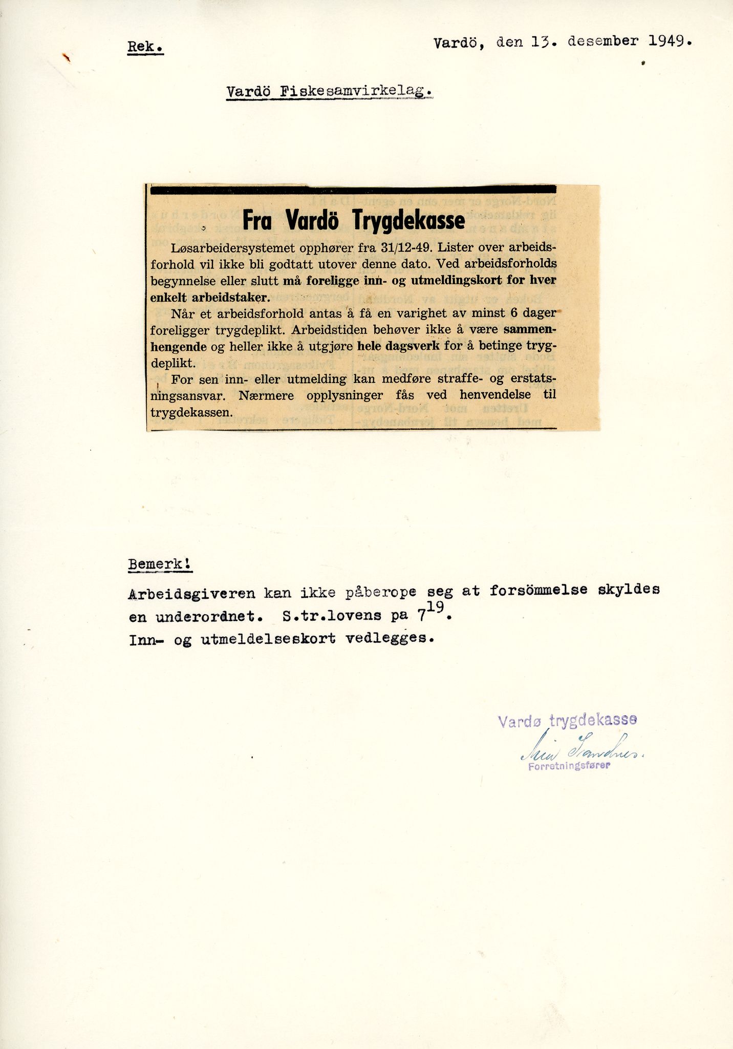 Vardø Fiskersamvirkelag, VAMU/A-0037/D/Da/L0008: Korrespondanse Tr-År, 1947-1950