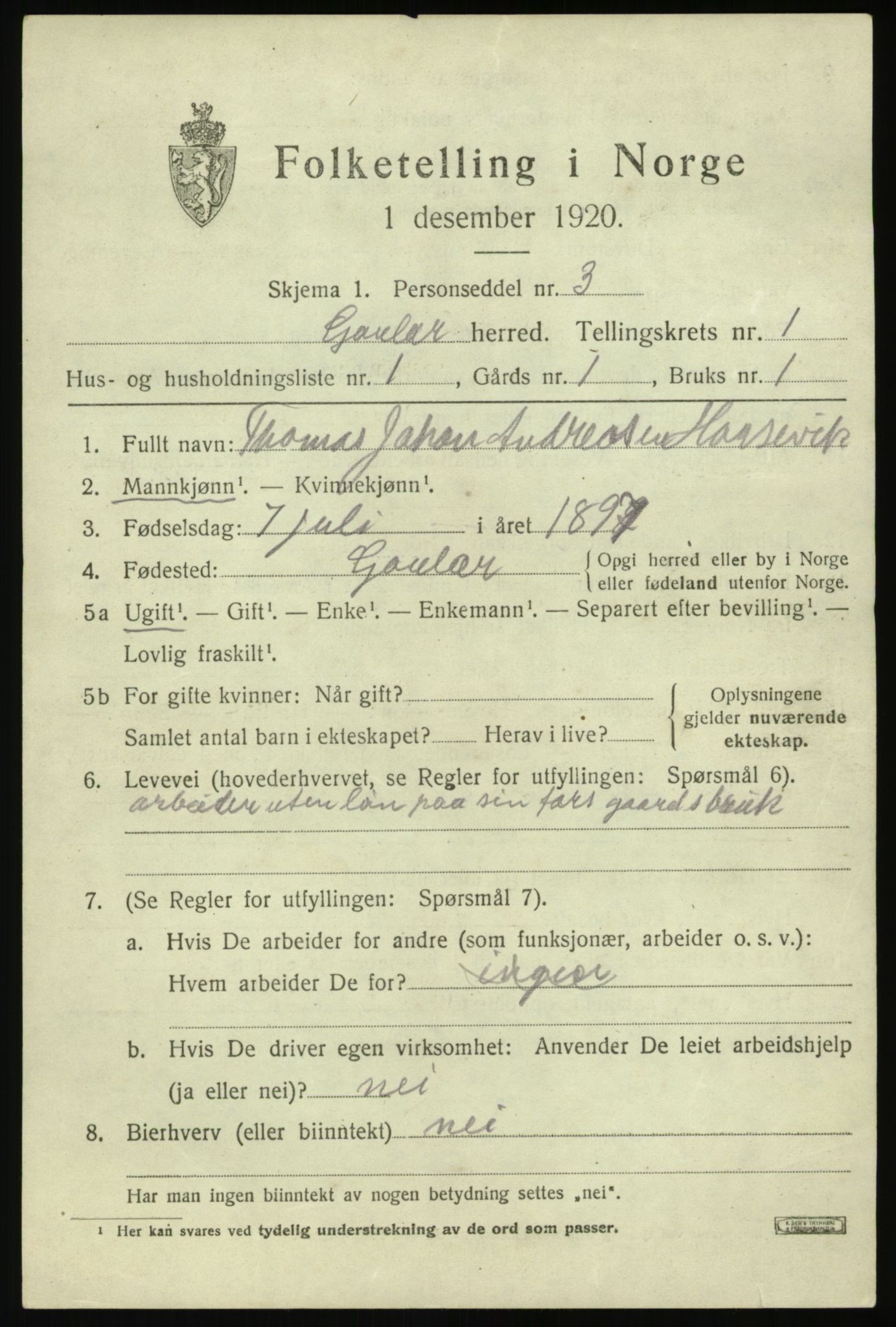 SAB, 1920 census for Gaular, 1920, p. 1270