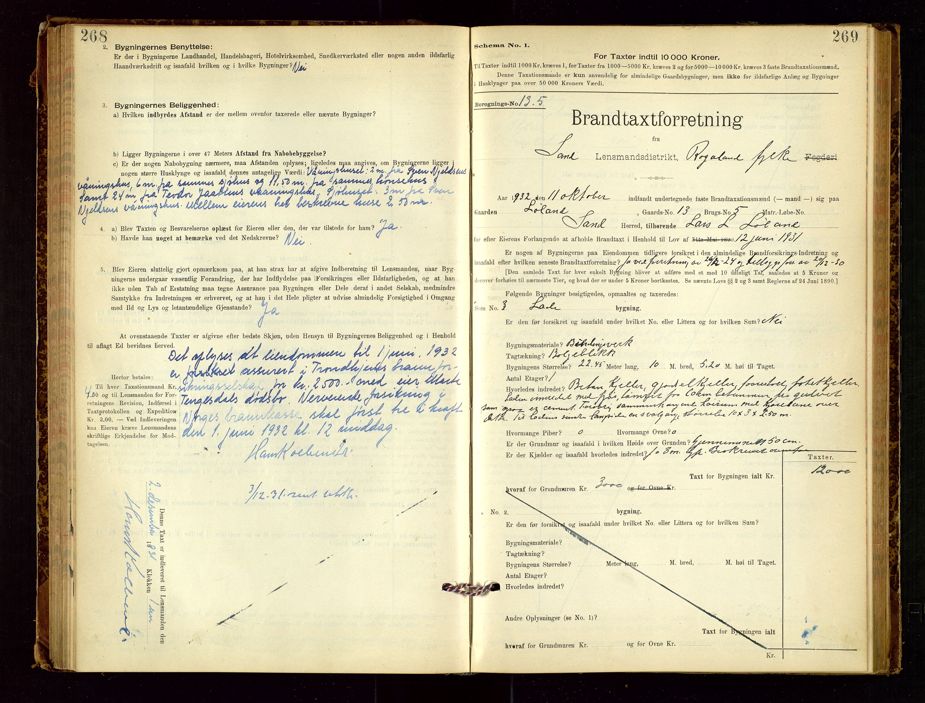 Sand lensmannskontor, SAST/A-100415/Goc/L0001: "Brandtaxationsprotokol", 1895-1935, p. 268-269