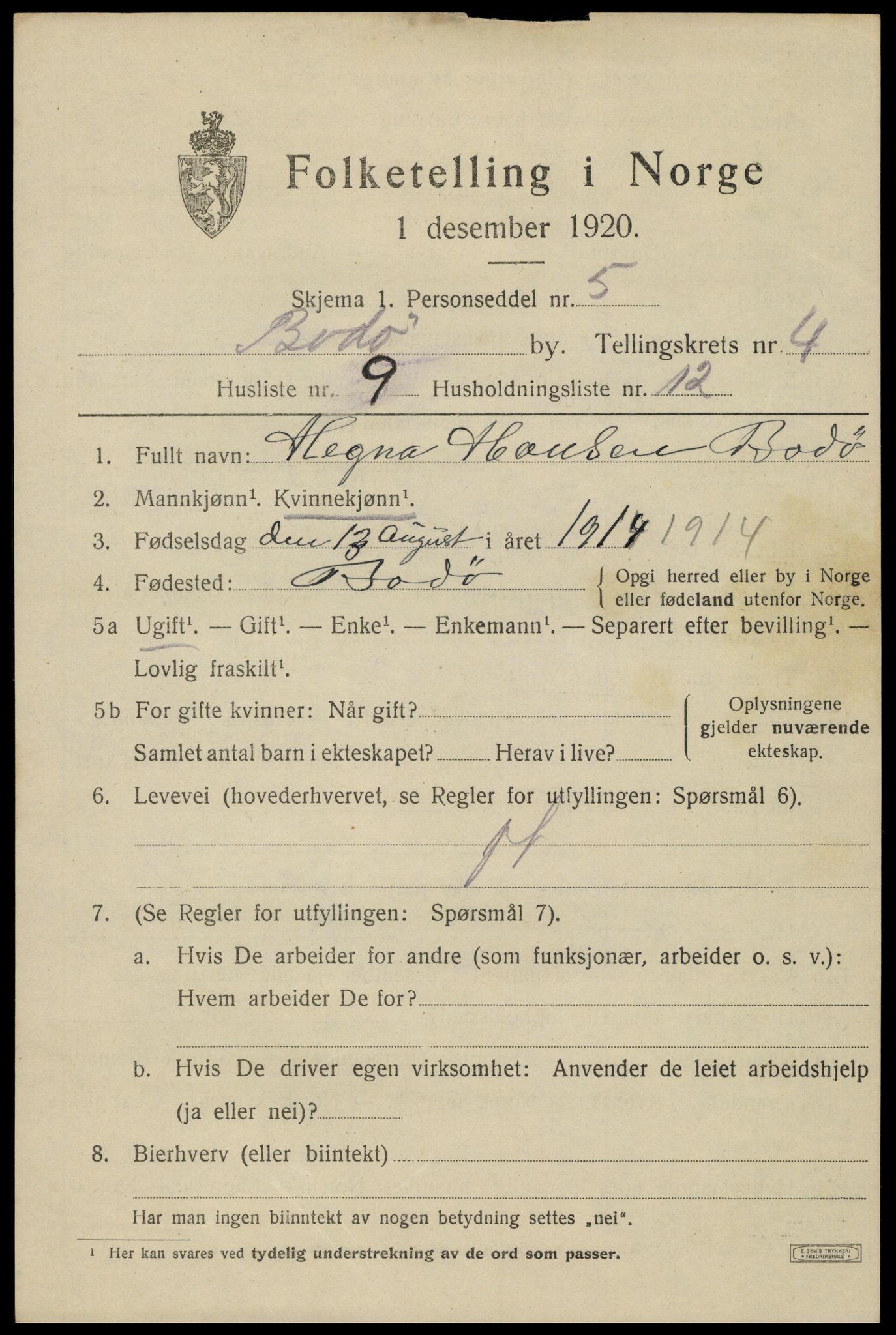 SAT, 1920 census for Bodø, 1920, p. 7391