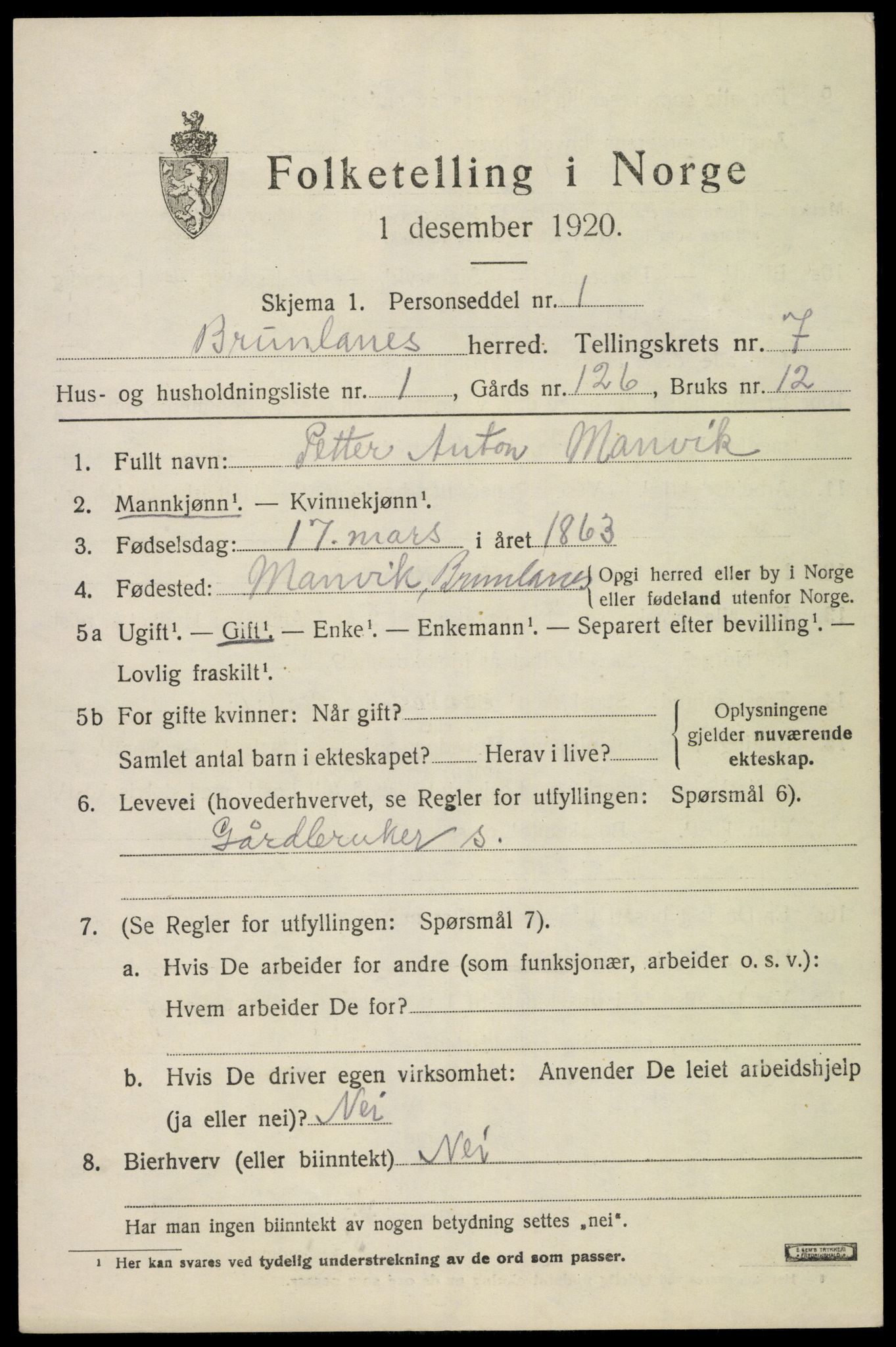 SAKO, 1920 census for Brunlanes, 1920, p. 7055