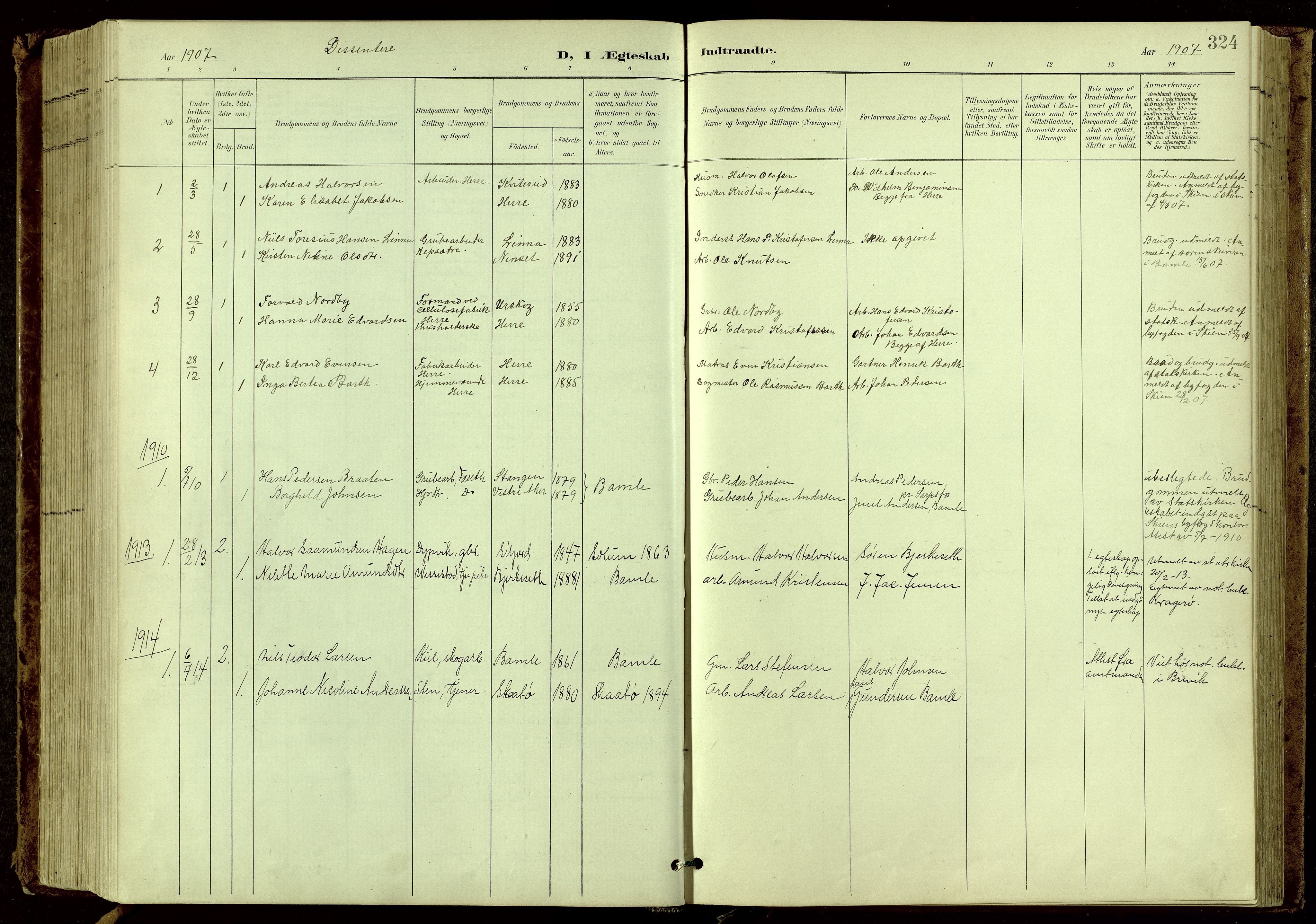 Bamble kirkebøker, SAKO/A-253/G/Ga/L0010: Parish register (copy) no. I 10, 1901-1919, p. 324