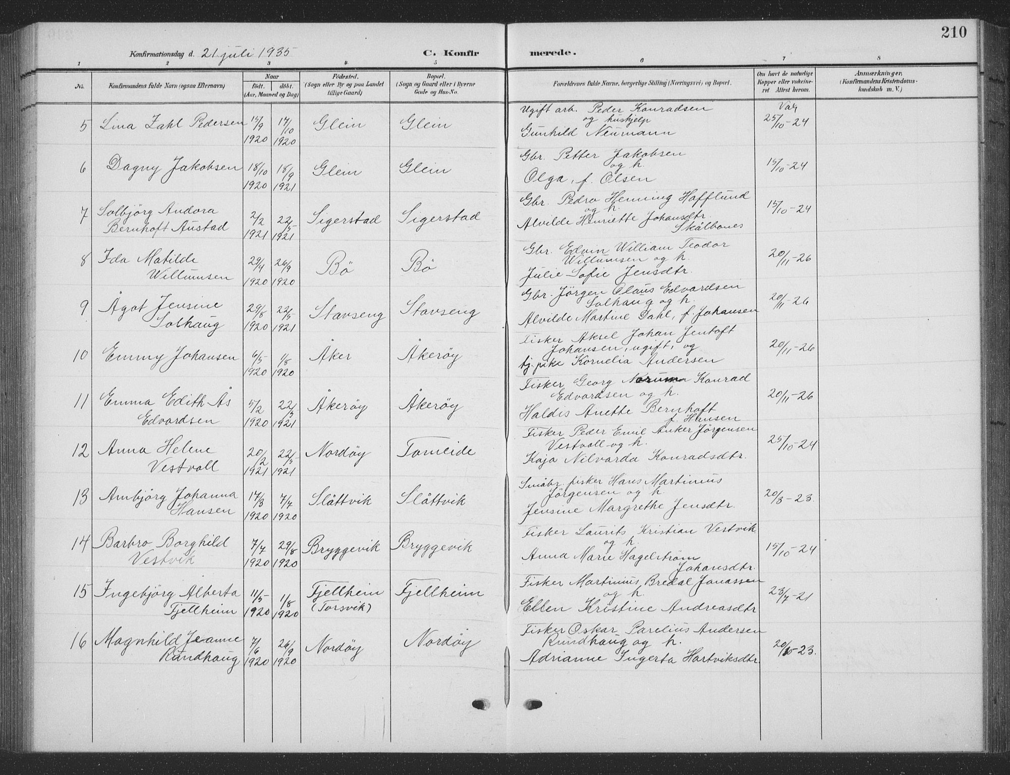 Ministerialprotokoller, klokkerbøker og fødselsregistre - Nordland, AV/SAT-A-1459/835/L0533: Parish register (copy) no. 835C05, 1906-1939, p. 210