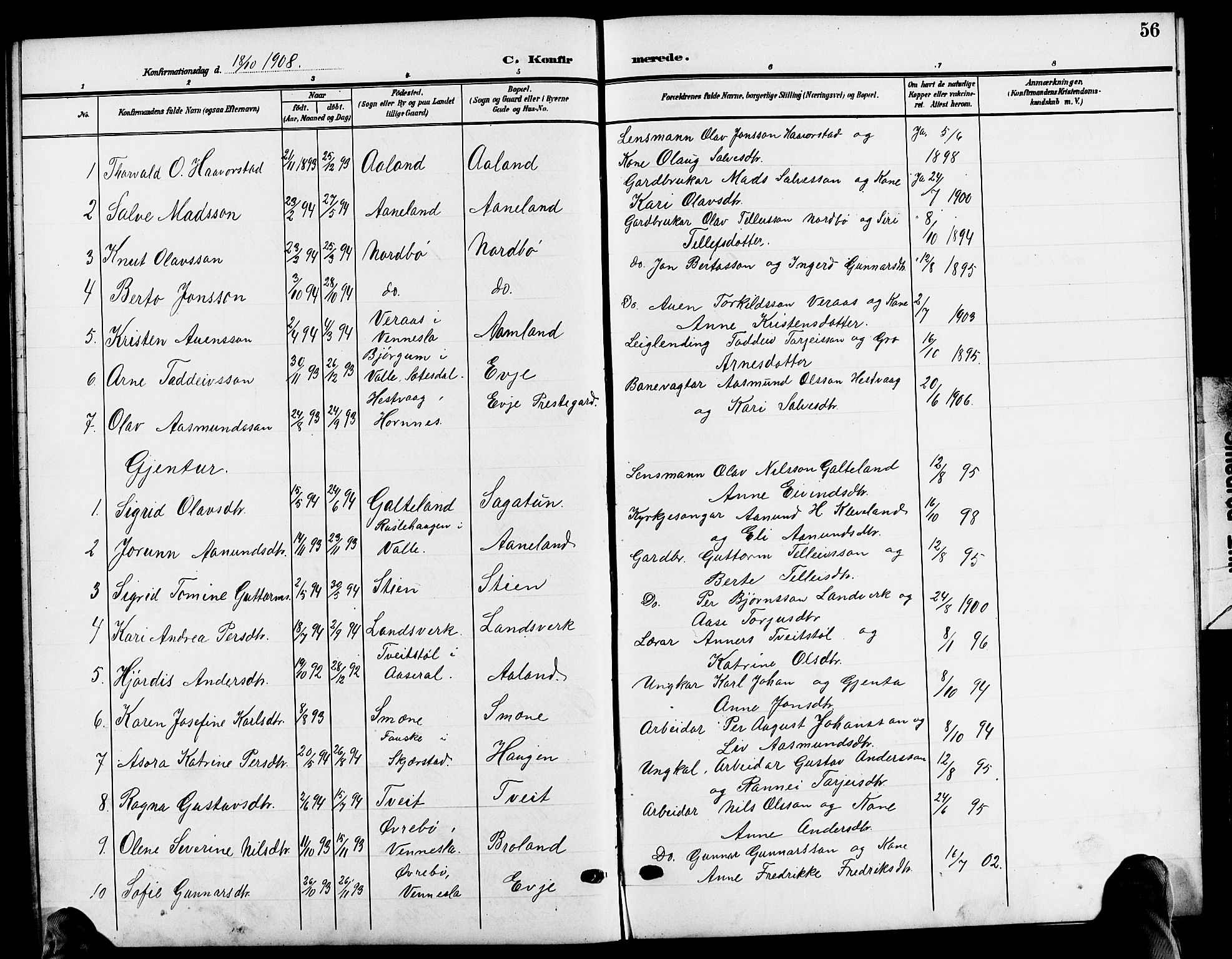 Evje sokneprestkontor, AV/SAK-1111-0008/F/Fb/Fba/L0004: Parish register (copy) no. B 4, 1899-1914, p. 56