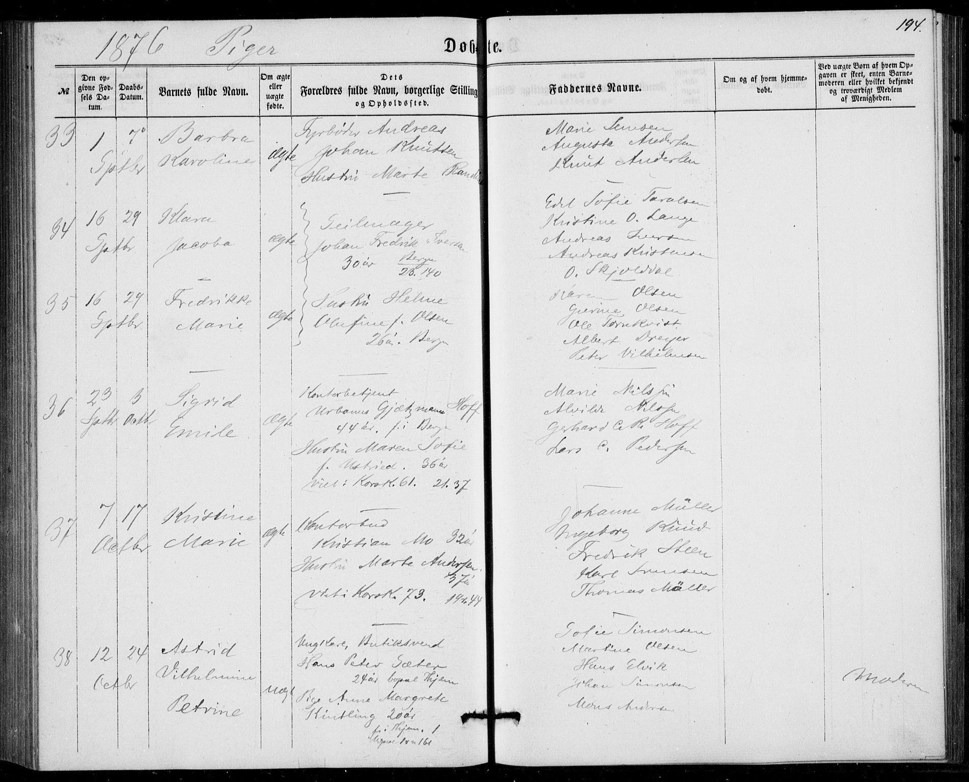Fødselsstiftelsens sokneprestembete, ført av overlegen*, SAB/-: Parish register (official) no. A 1, 1863-1883, p. 194