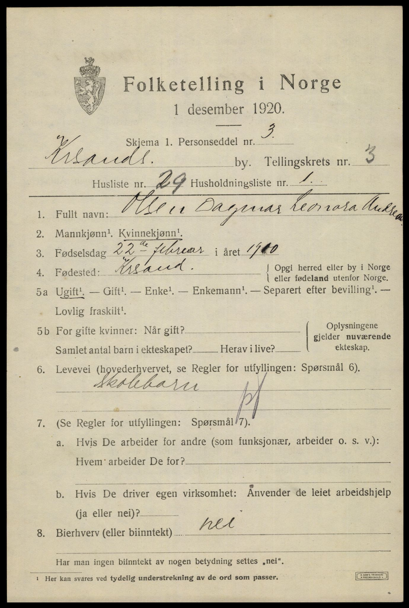 SAK, 1920 census for Kristiansand, 1920, p. 14379