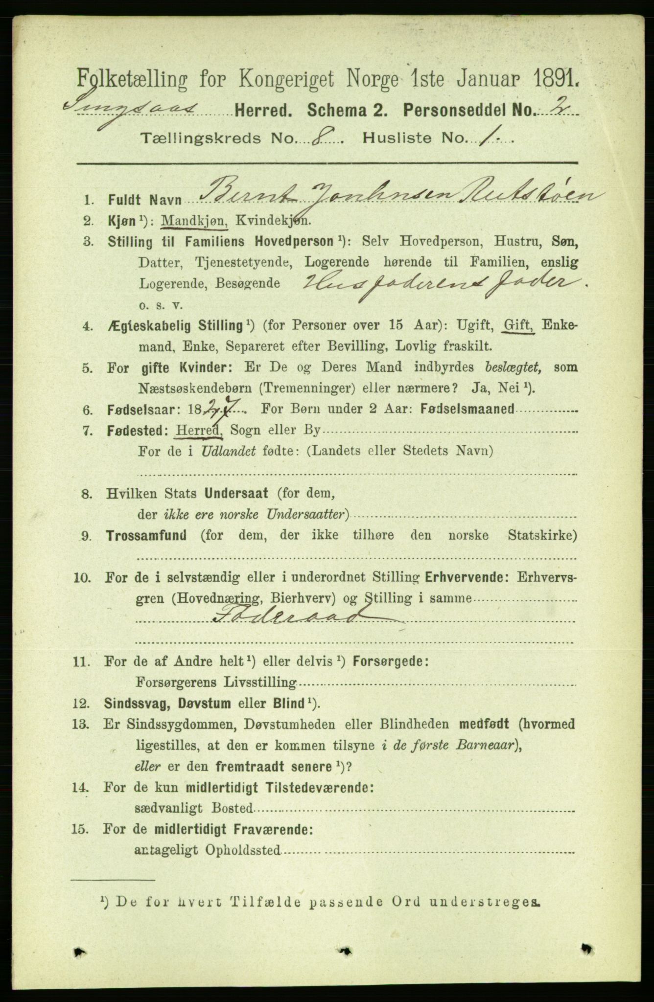 RA, 1891 census for 1646 Singsås, 1891, p. 1707
