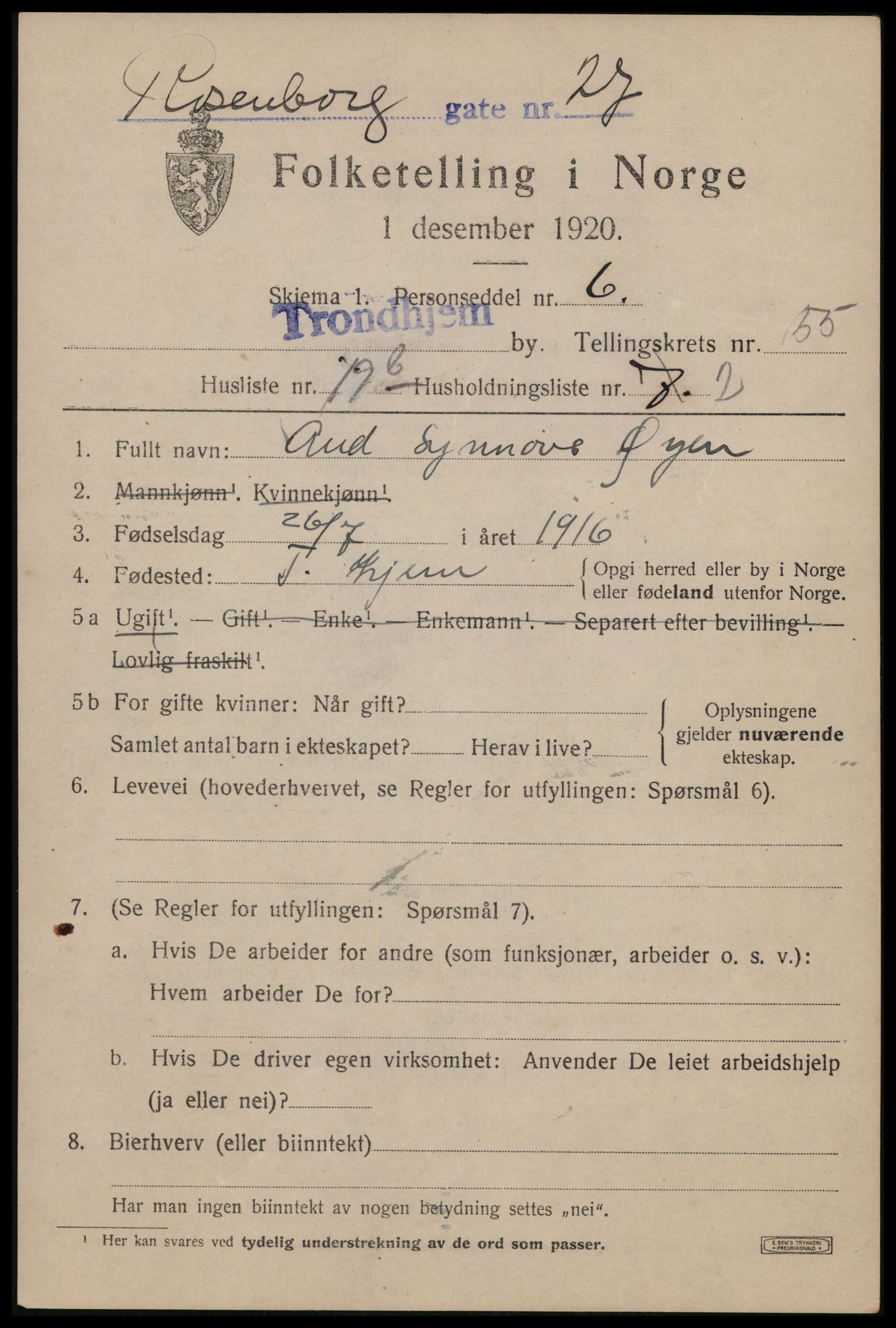 SAT, 1920 census for Trondheim, 1920, p. 112736