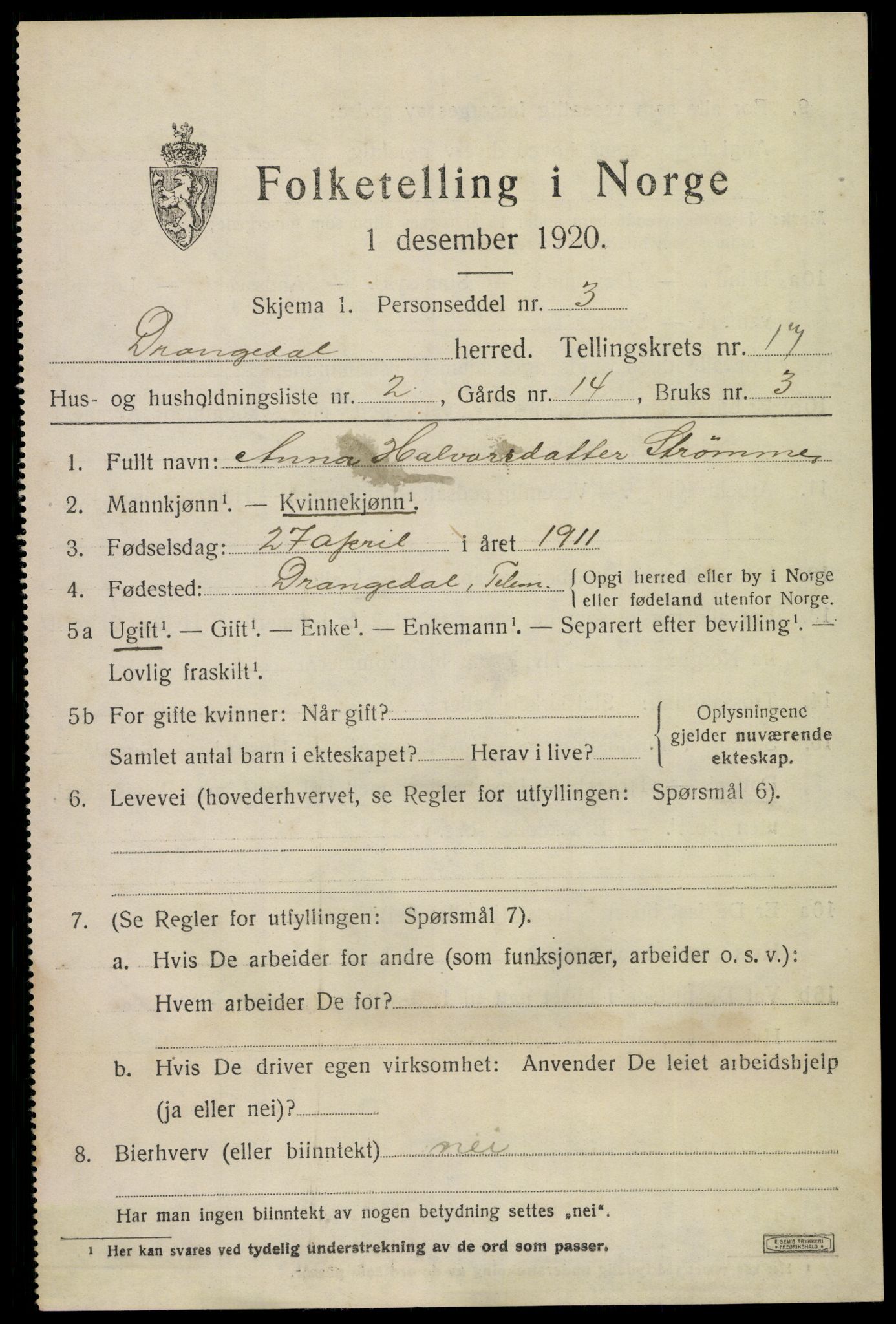 SAKO, 1920 census for Drangedal, 1920, p. 7977