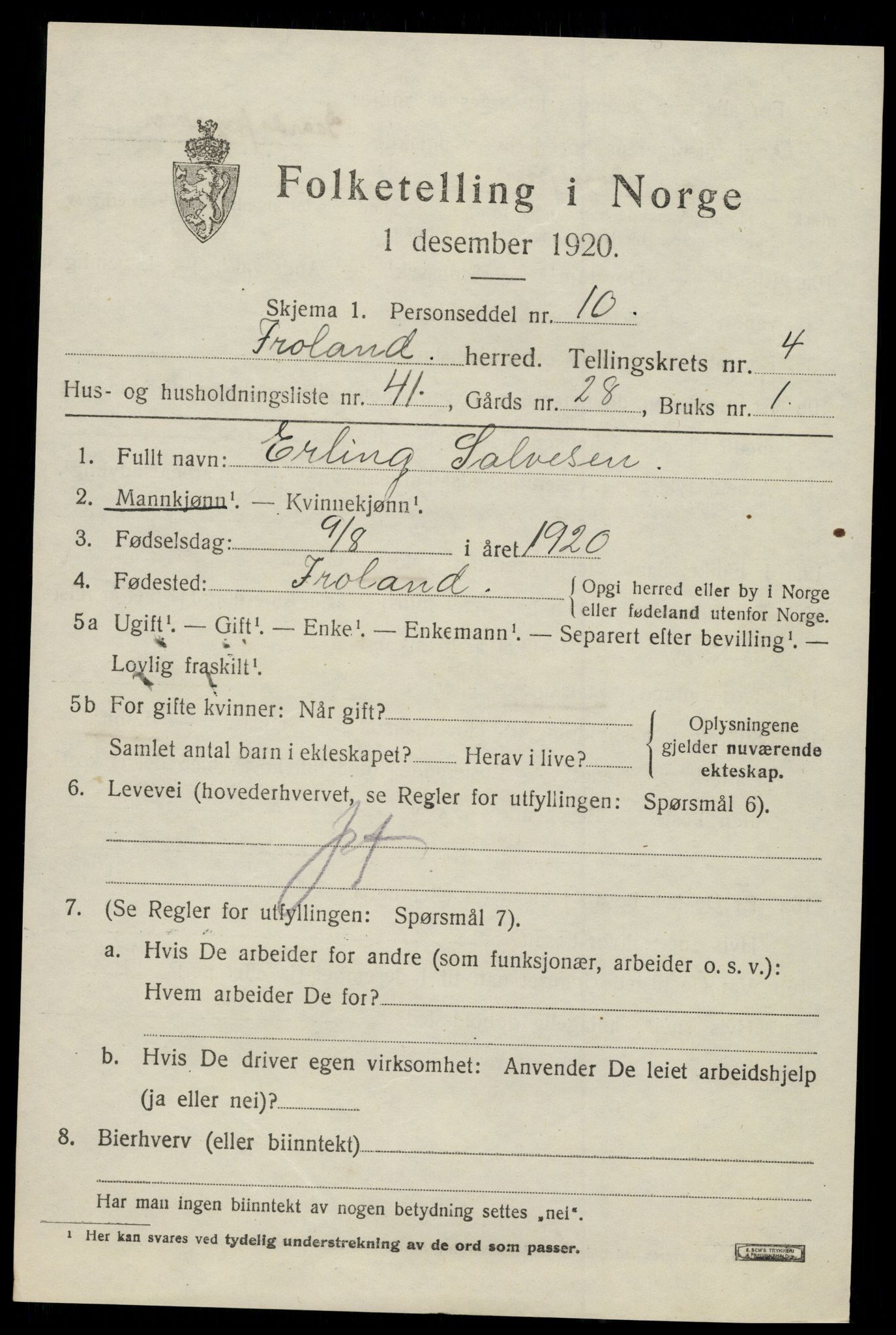 SAK, 1920 census for Froland, 1920, p. 3531