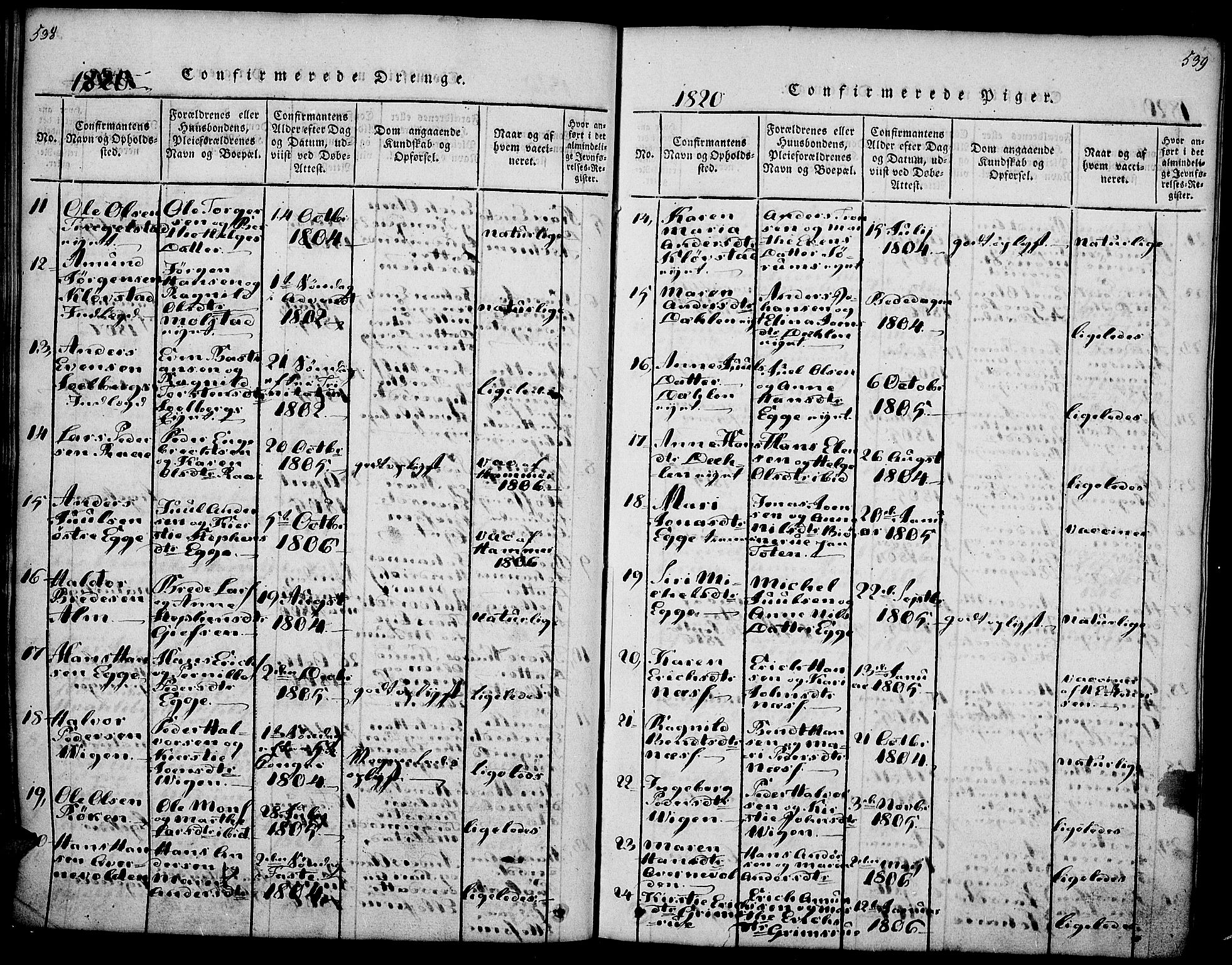 Gran prestekontor, AV/SAH-PREST-112/H/Ha/Haa/L0009: Parish register (official) no. 9, 1815-1824, p. 538-539