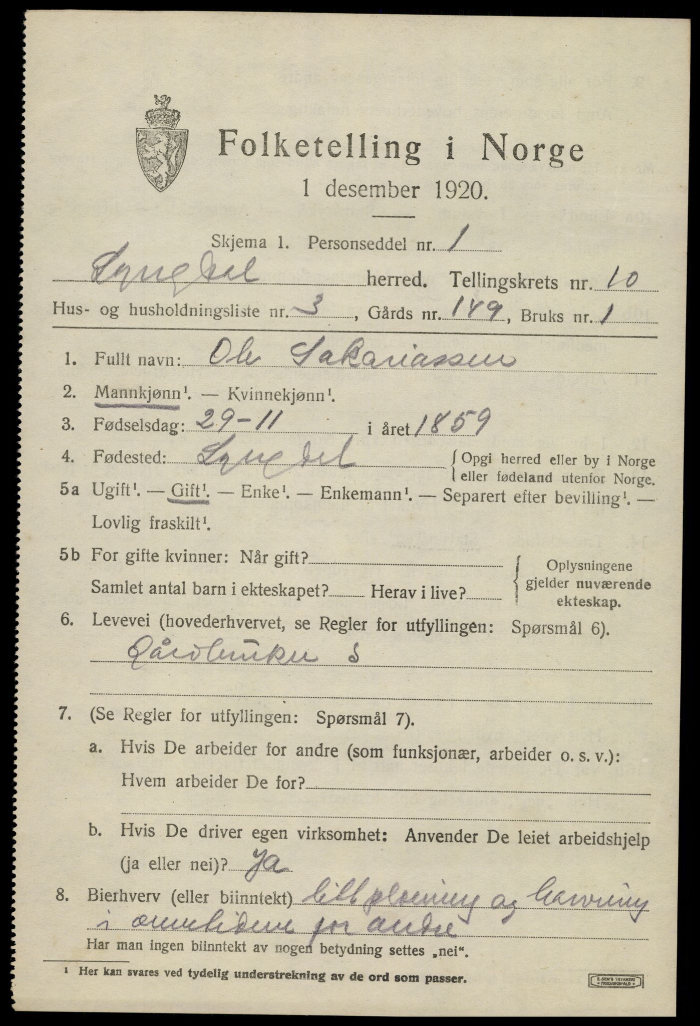 SAK, 1920 census for Lyngdal, 1920, p. 4883