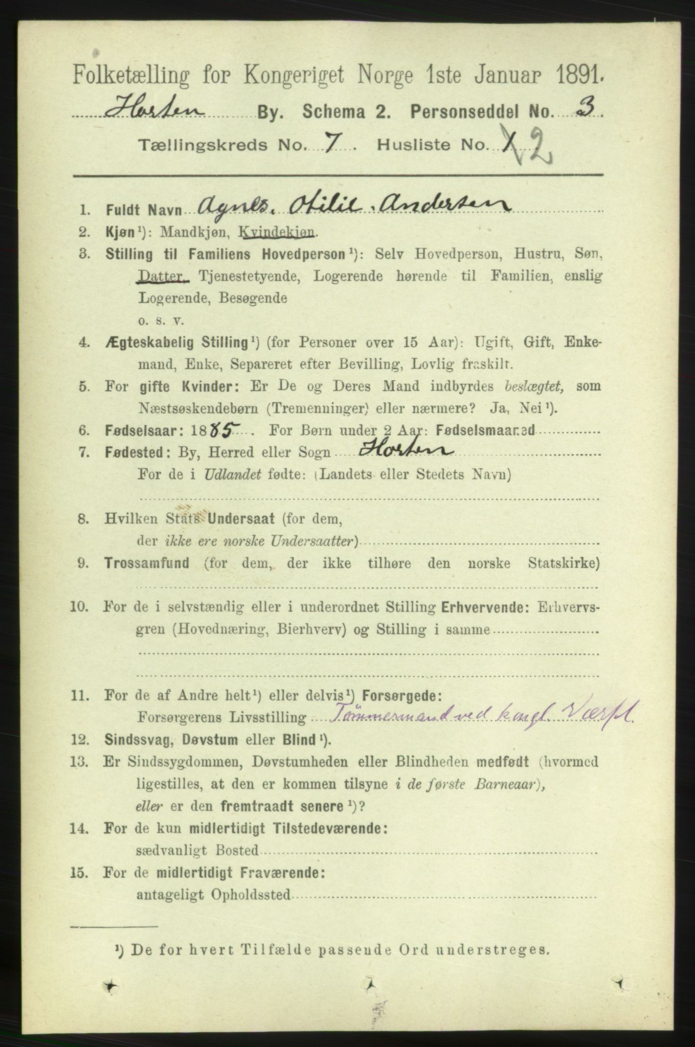 RA, 1891 census for 0703 Horten, 1891, p. 4445