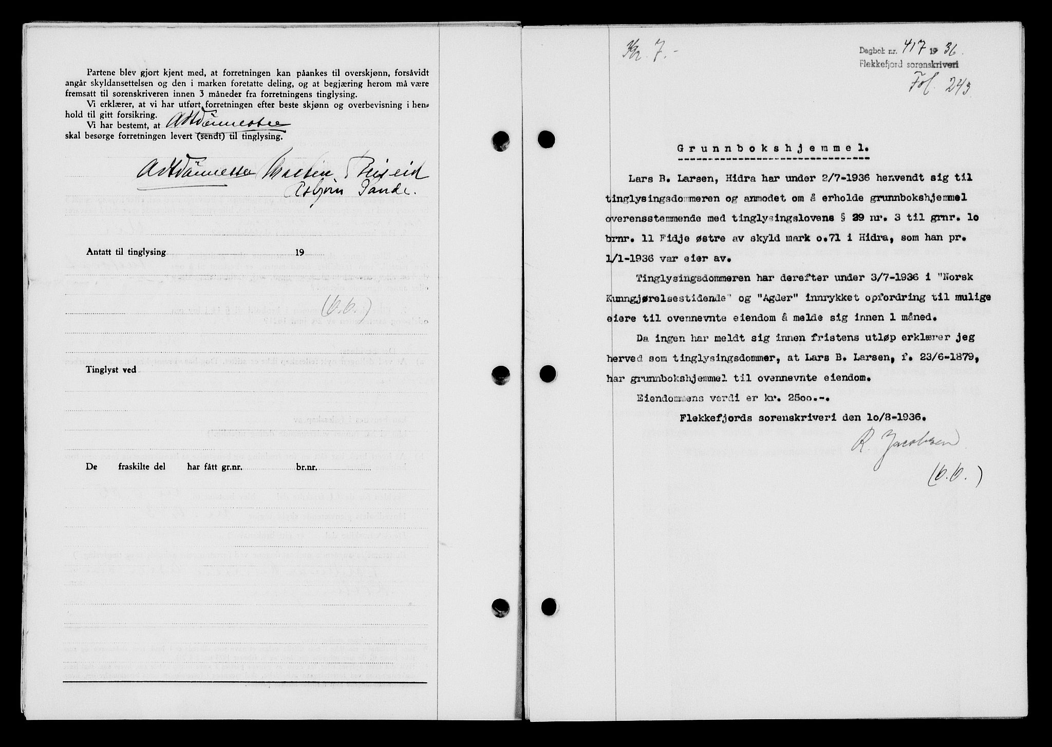 Flekkefjord sorenskriveri, SAK/1221-0001/G/Gb/Gba/L0053: Mortgage book no. A-1, 1936-1937, Diary no: : 417/1936