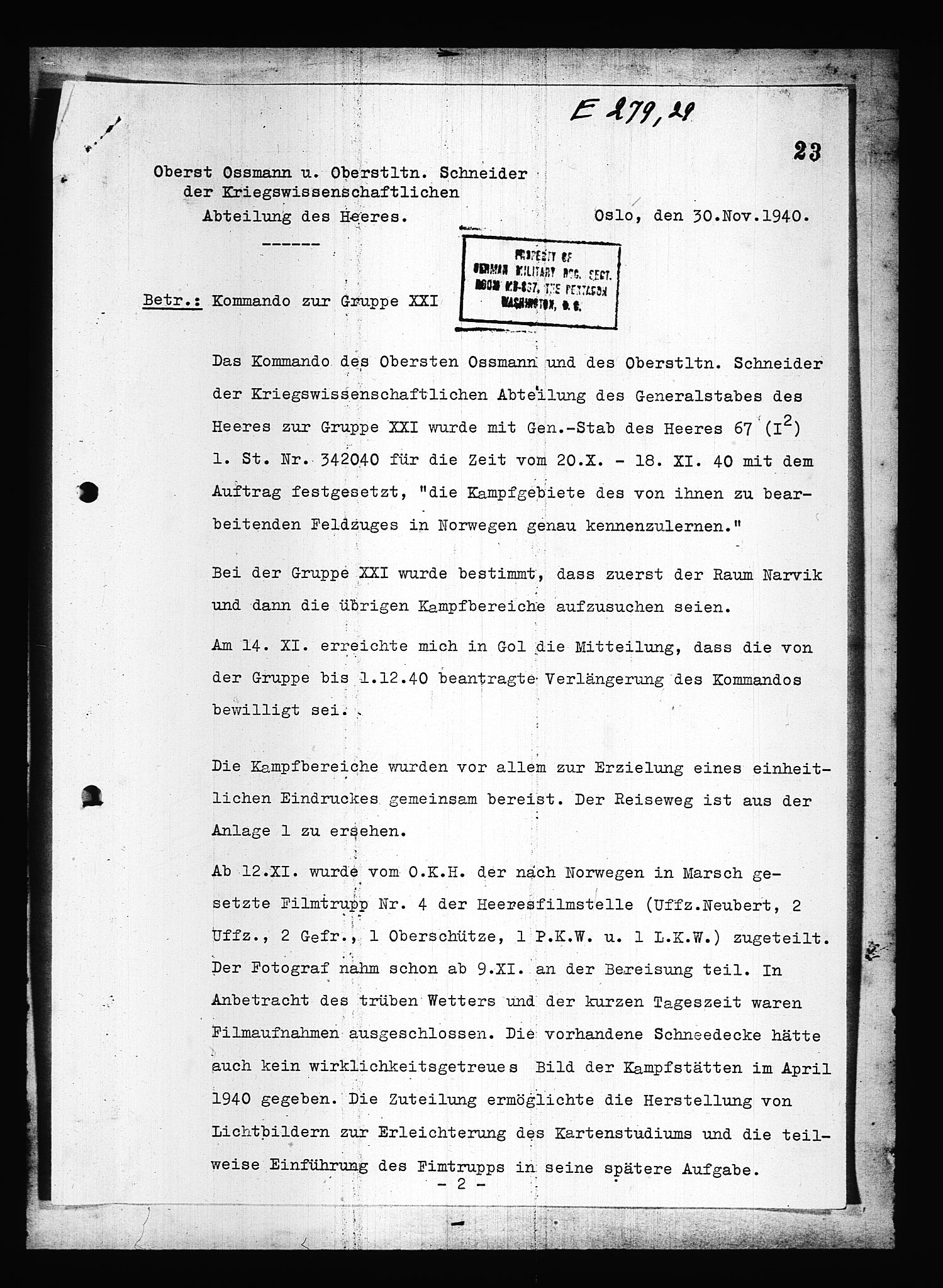 Documents Section, RA/RAFA-2200/V/L0084: Amerikansk mikrofilm "Captured German Documents".
Box No. 723.  FKA jnr. 615/1954., 1940, p. 122