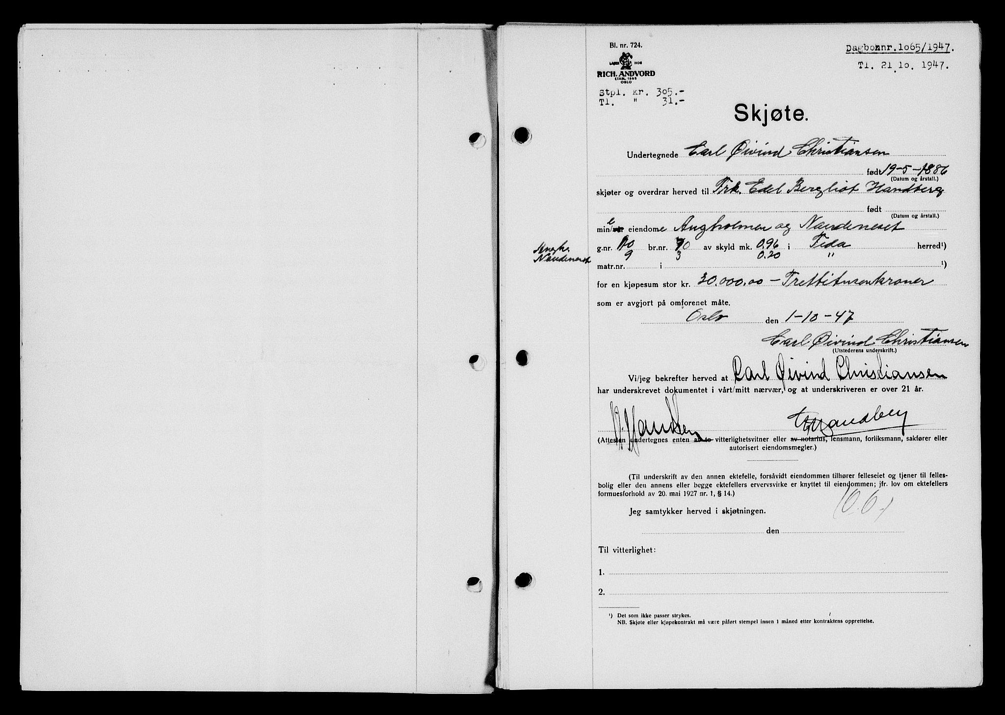 Flekkefjord sorenskriveri, AV/SAK-1221-0001/G/Gb/Gba/L0063: Mortgage book no. A-11, 1947-1948, Diary no: : 1065/1947