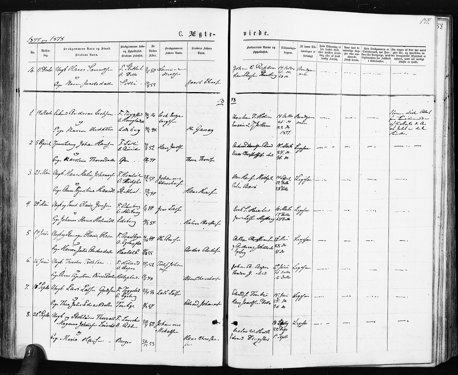 Spydeberg prestekontor Kirkebøker, SAO/A-10924/F/Fa/L0007: Parish register (official) no. I 7, 1875-1885, p. 144