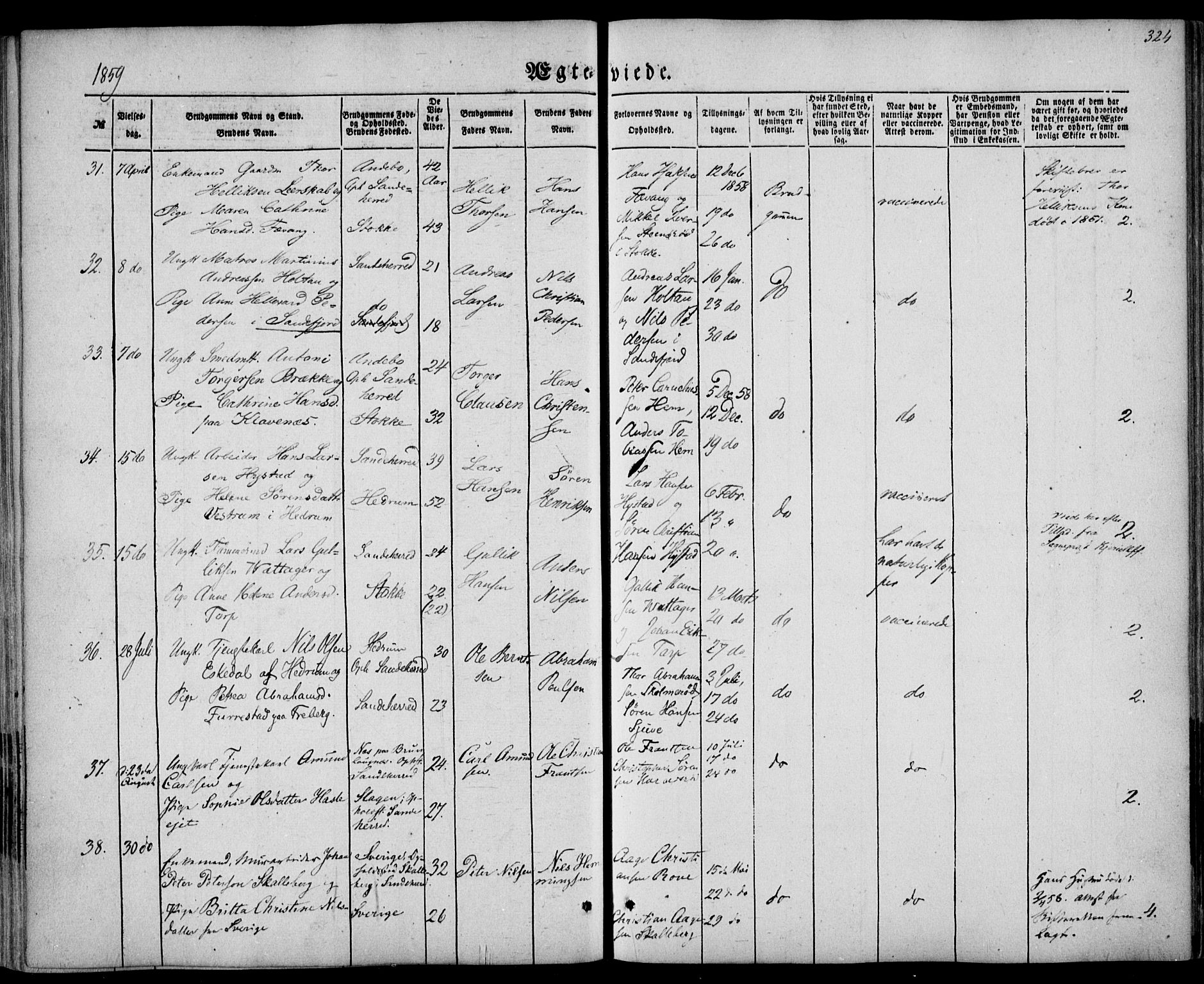 Sandar kirkebøker, AV/SAKO-A-243/F/Fa/L0007: Parish register (official) no. 7, 1855-1861, p. 324