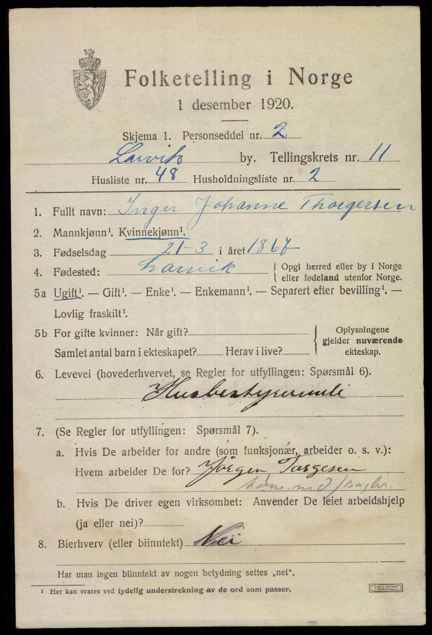 SAKO, 1920 census for Larvik, 1920, p. 29284