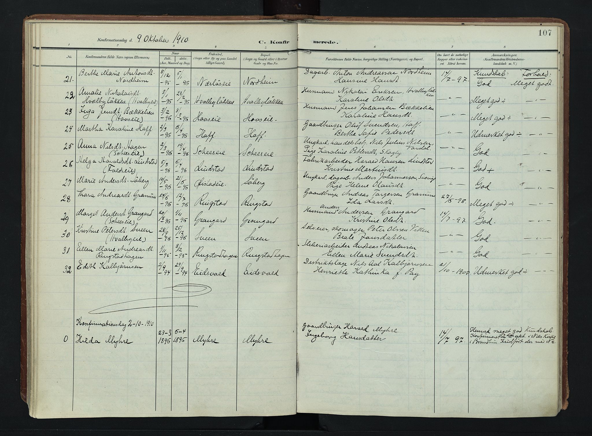 Søndre Land prestekontor, AV/SAH-PREST-122/K/L0007: Parish register (official) no. 7, 1905-1914, p. 107