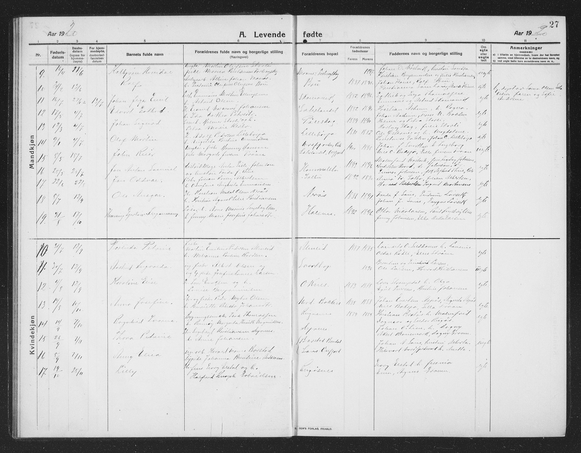 Ministerialprotokoller, klokkerbøker og fødselsregistre - Nordland, AV/SAT-A-1459/814/L0231: Parish register (copy) no. 814C04, 1912-1926, p. 27