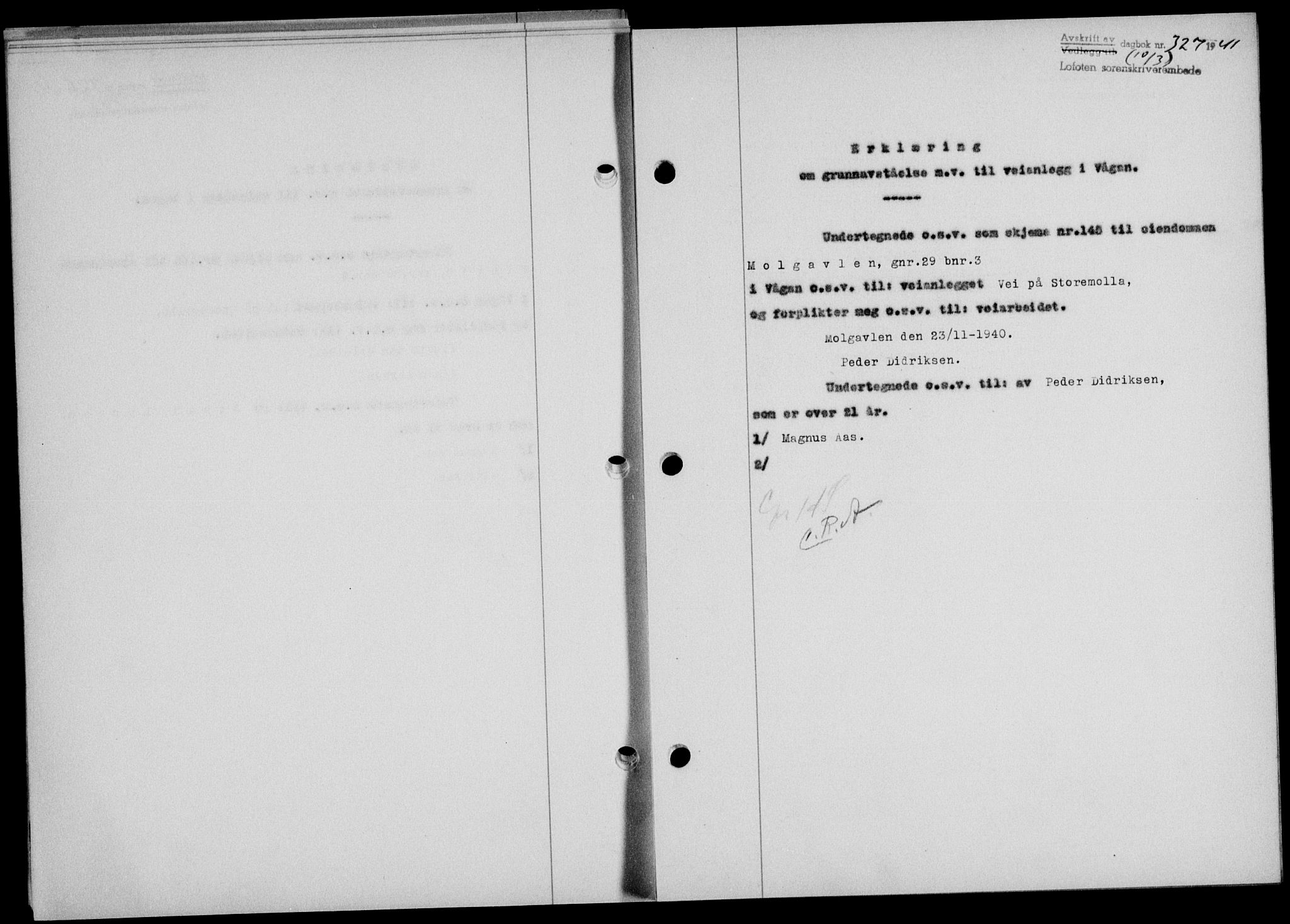 Lofoten sorenskriveri, SAT/A-0017/1/2/2C/L0008a: Mortgage book no. 8a, 1940-1941, Diary no: : 327/1941