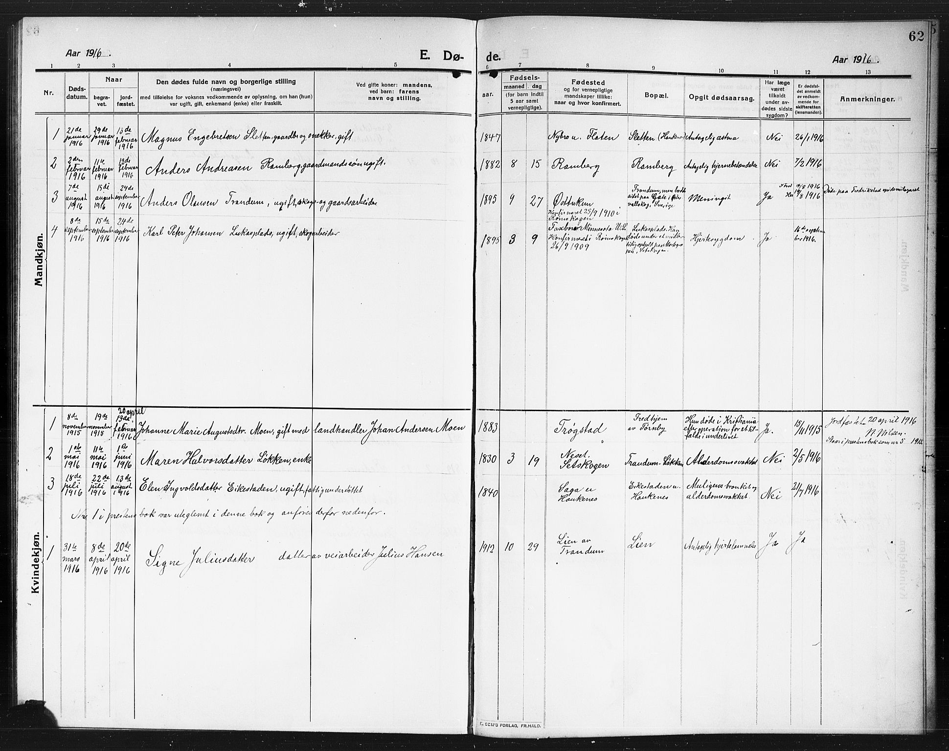 Rødenes prestekontor Kirkebøker, SAO/A-2005/G/Gb/L0002: Parish register (copy) no. II 2, 1911-1921, p. 62